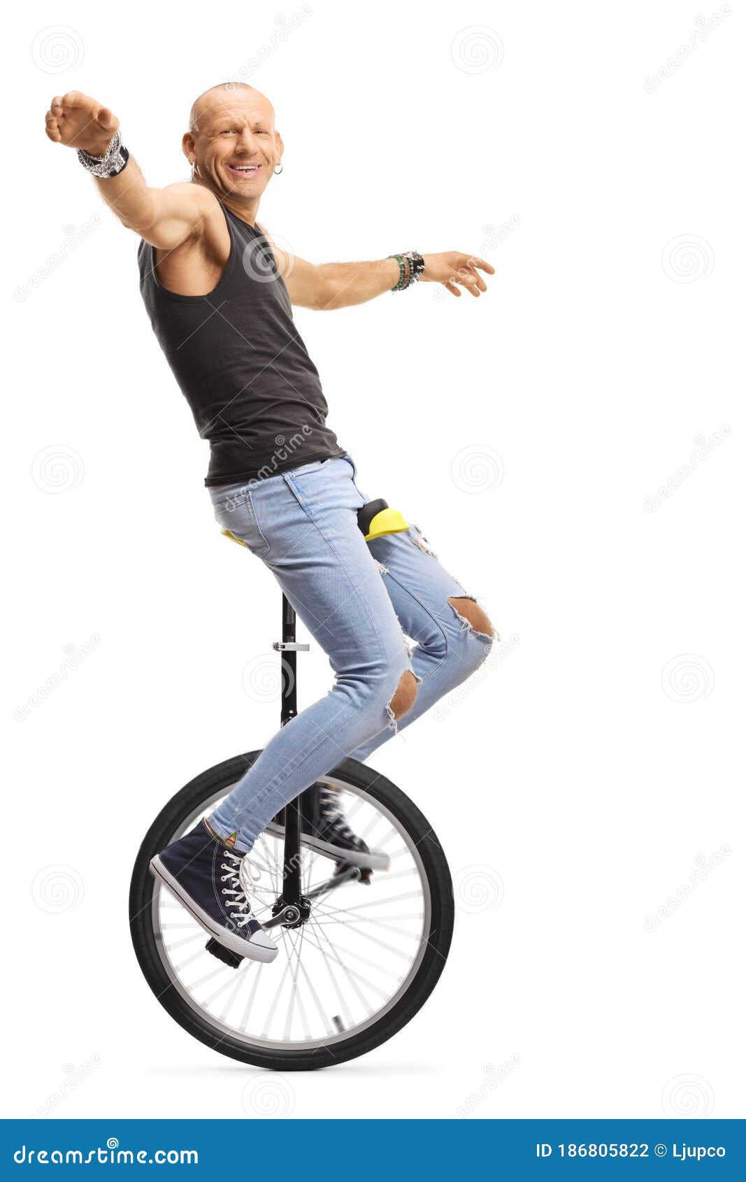 Bald Man Hipster Riding Unicycle Stock Photo Image of ride, performer