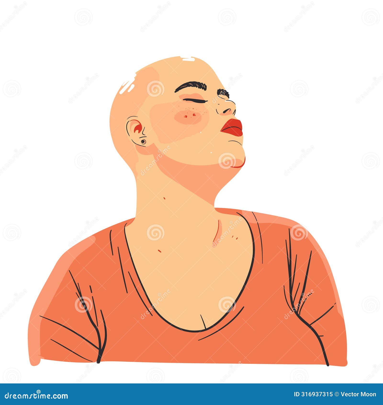 bald woman confidently looking up, eyes closed, serene expression. head slightly tilted back