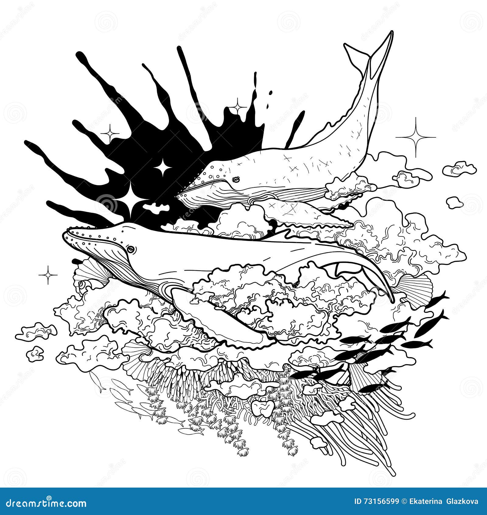 Baleines Graphiques Volant Dans Le Ciel Illustration Stock