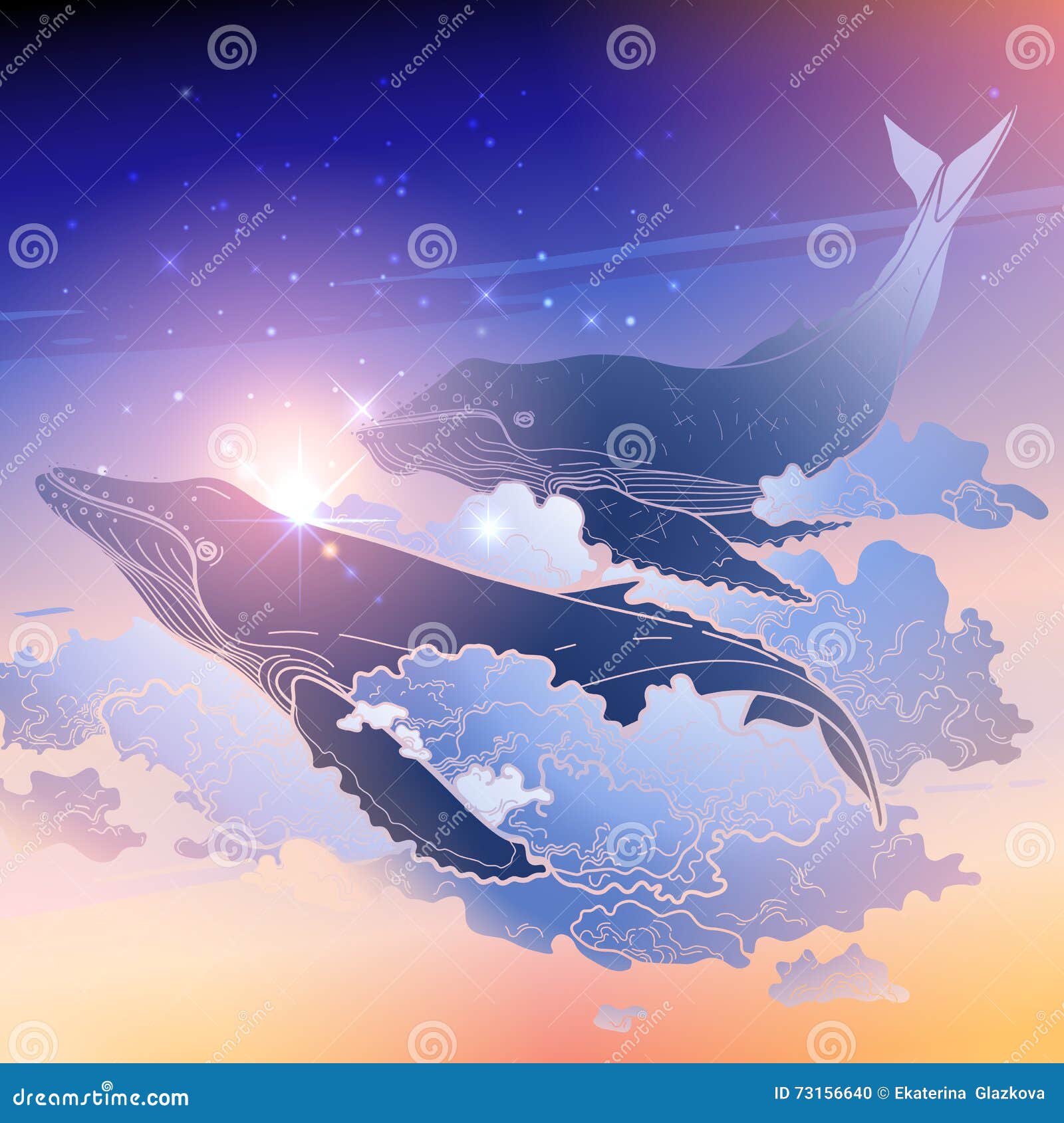 Baleines Graphiques Volant Dans Le Ciel Illustration Stock