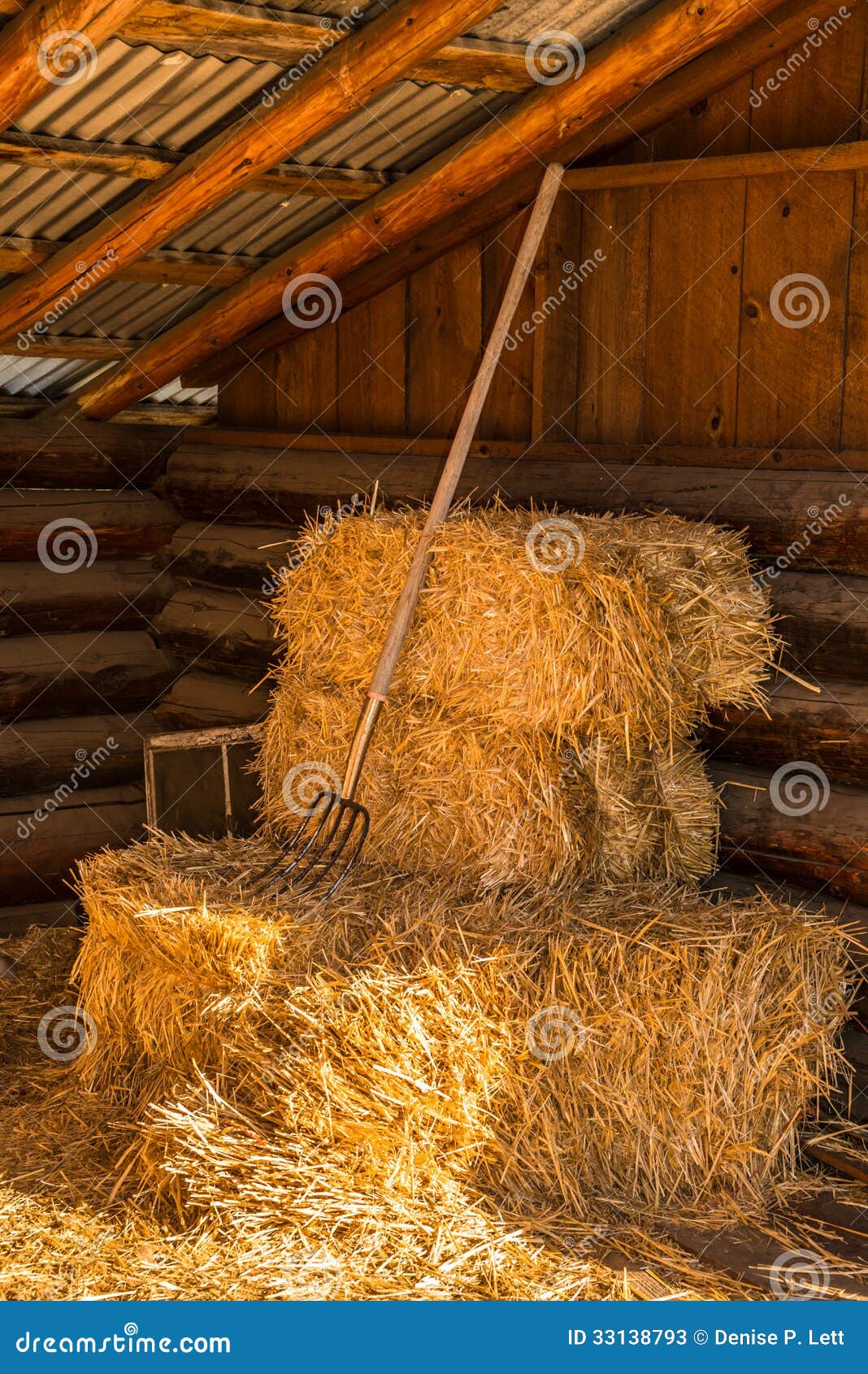 Bales Of Straw Hay With Pitchfork In Barn Stock Image Image Of Horse