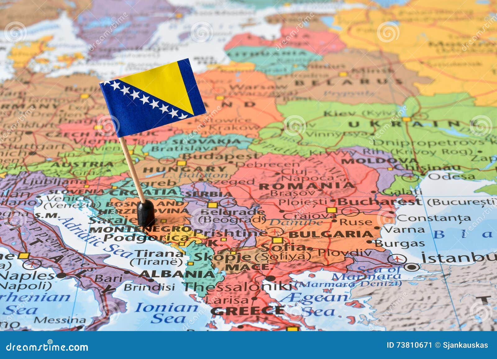 map and flag of bosnia and herzegovina, balkan peninsula