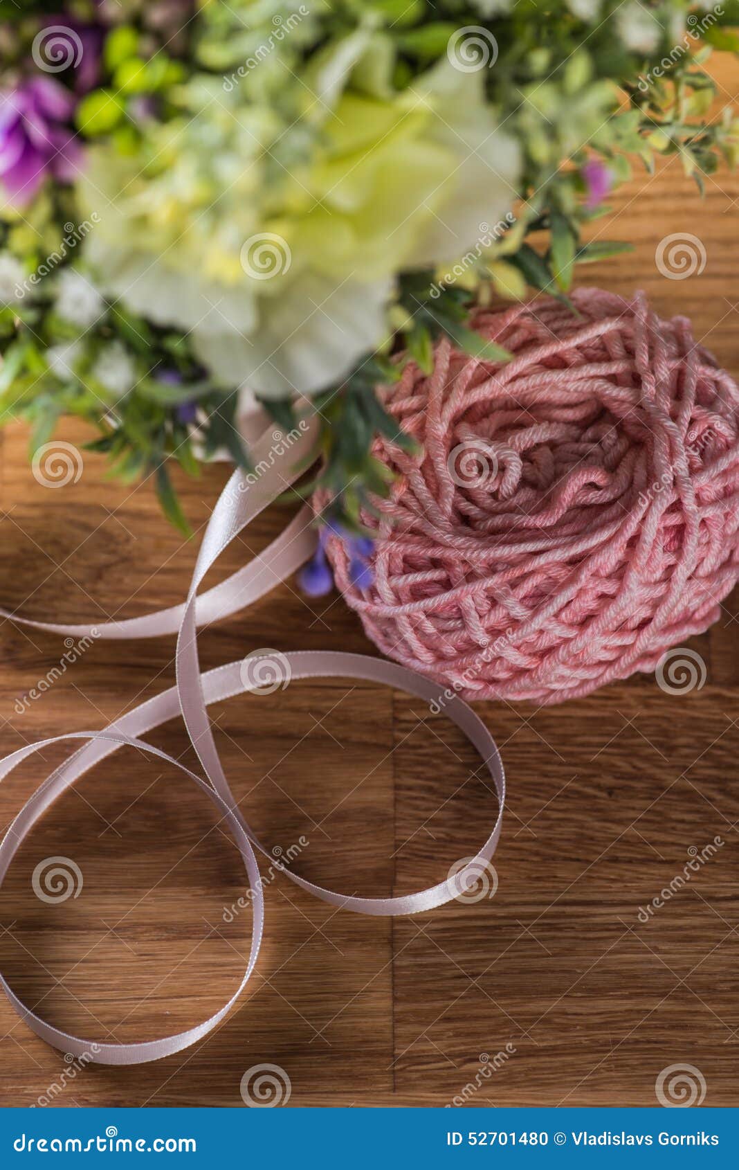 Ball of Knitting Yarn with Flowers Stock Photo Image of floral, pink