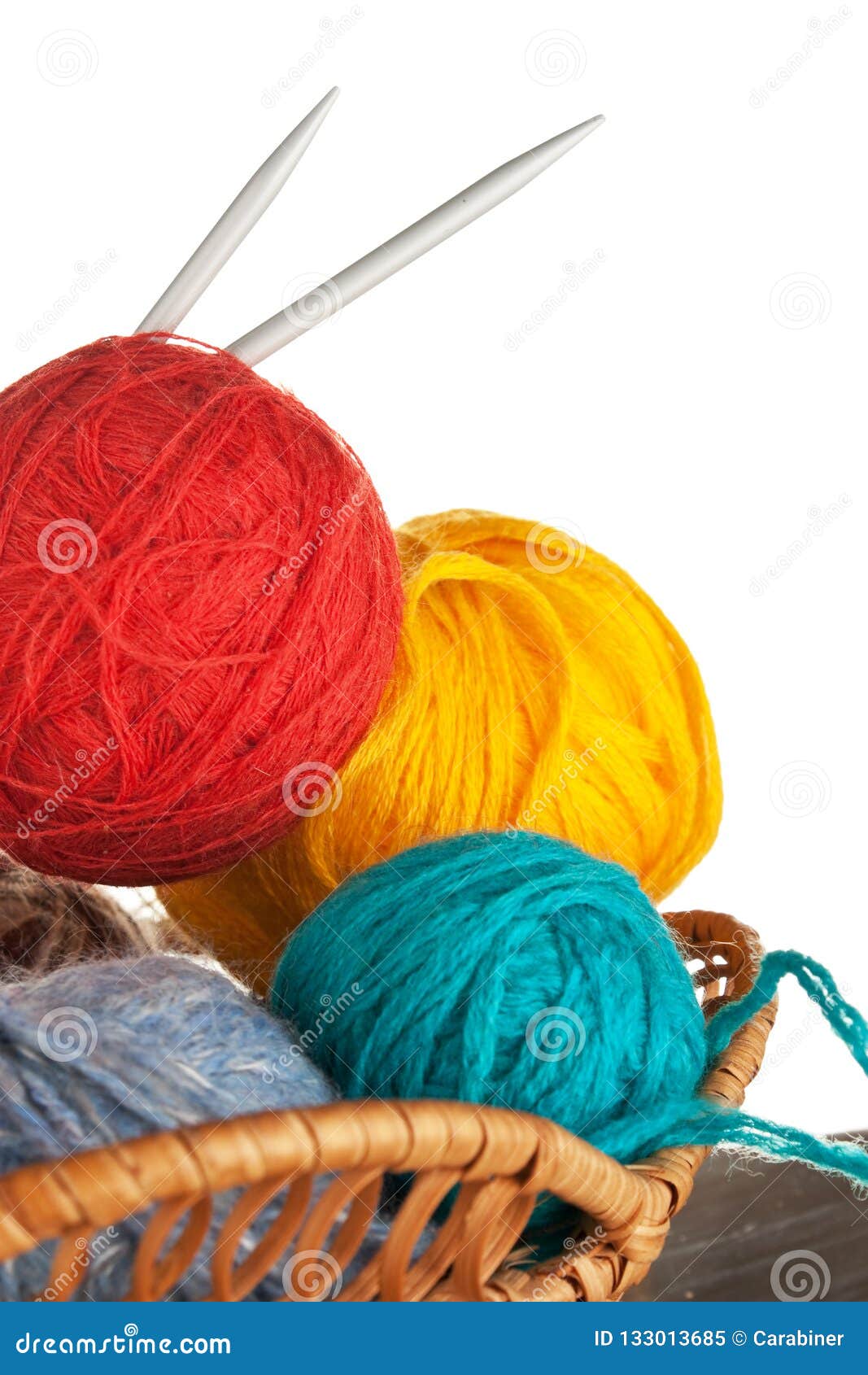 Ball of Wool and Knitting Needles in Basket Stock Image - Image of ...