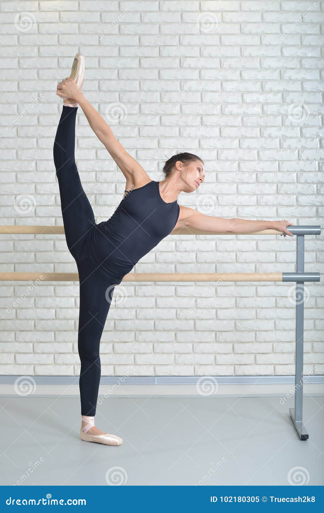 Ballerina Stretches Herself Near Barre at Ballet Studio, Full Length  Portrait, Performing Twine. Stock Image - Image of lifestyle, dance:  102180305