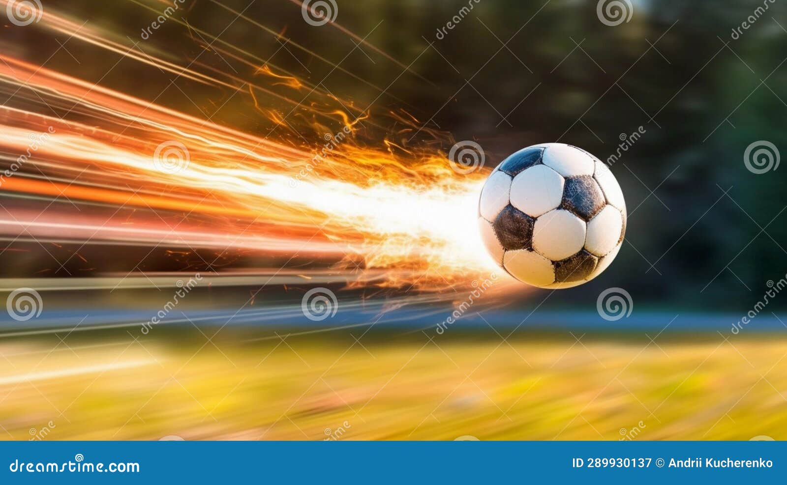 Ballon De Football Volant Dans L'air Avec Effet De Feu Sur Fond Flou. Ai  Génératif Image stock - Image du concurrence, scène: 289930137