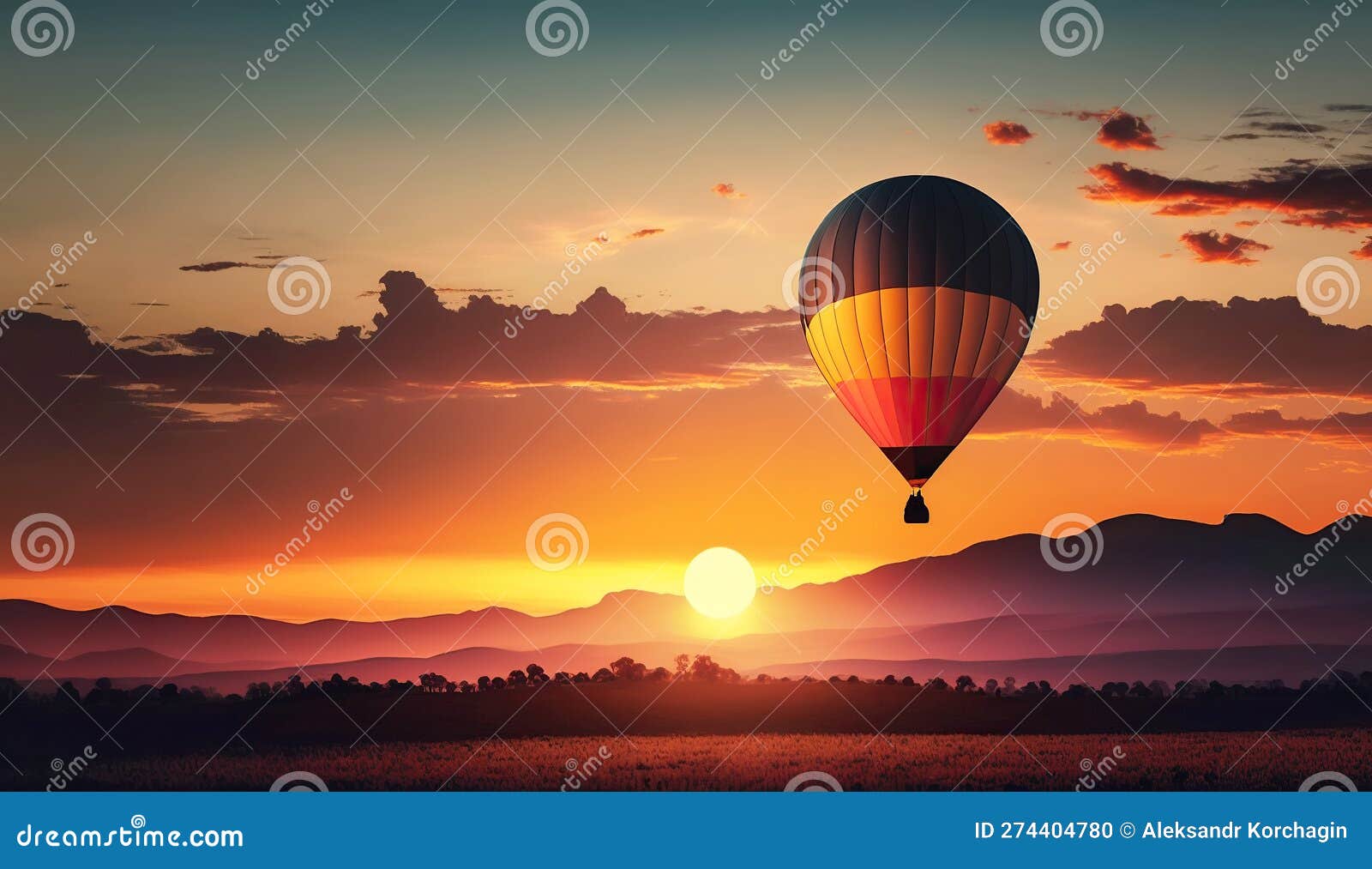 Ballon Volant Dans Le Ciel Sur Fond De Coucher De Soleil. Illustration D'ai  Générative Illustration Stock - Illustration du sunrise, panier: 274404780
