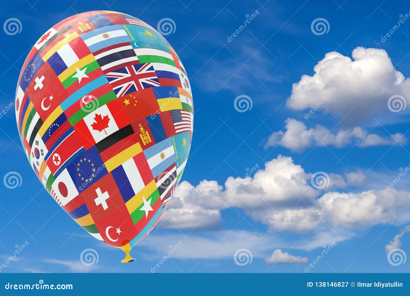 Balloon with Flags of Different Countries in the Blue Sky. 3Drender