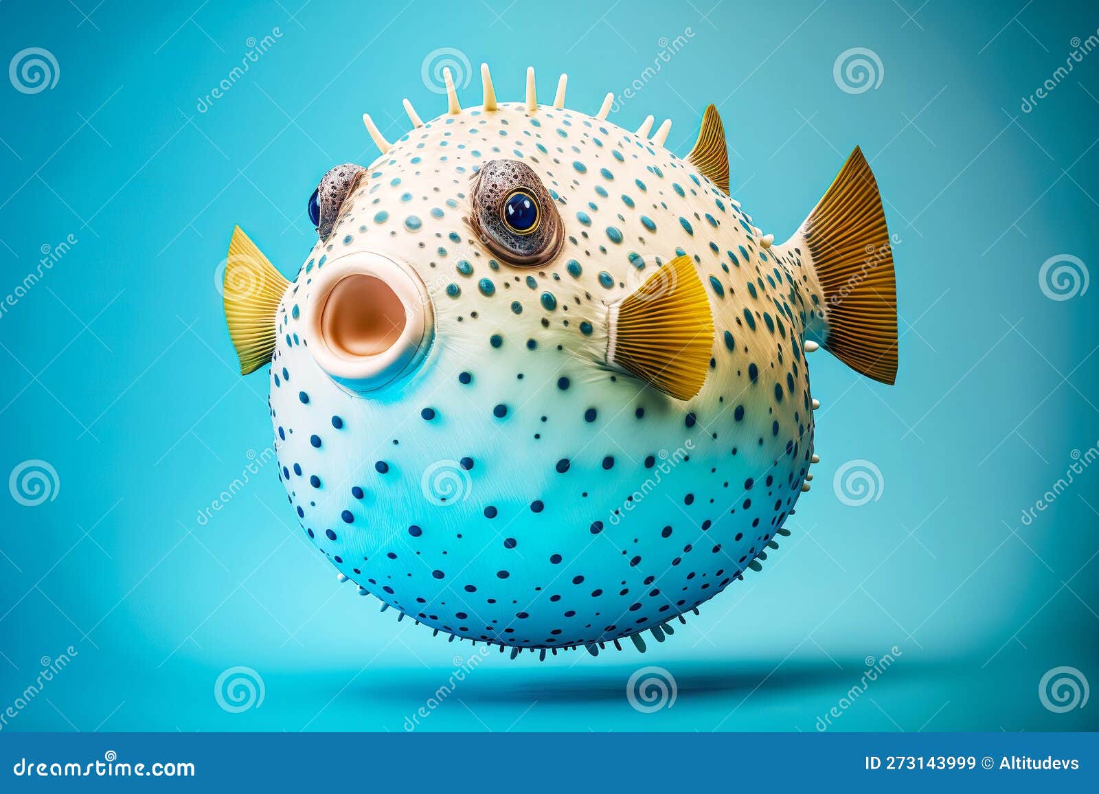 Balloonlike Puffer Fish with Sharp Spikes on Blue Background Stock