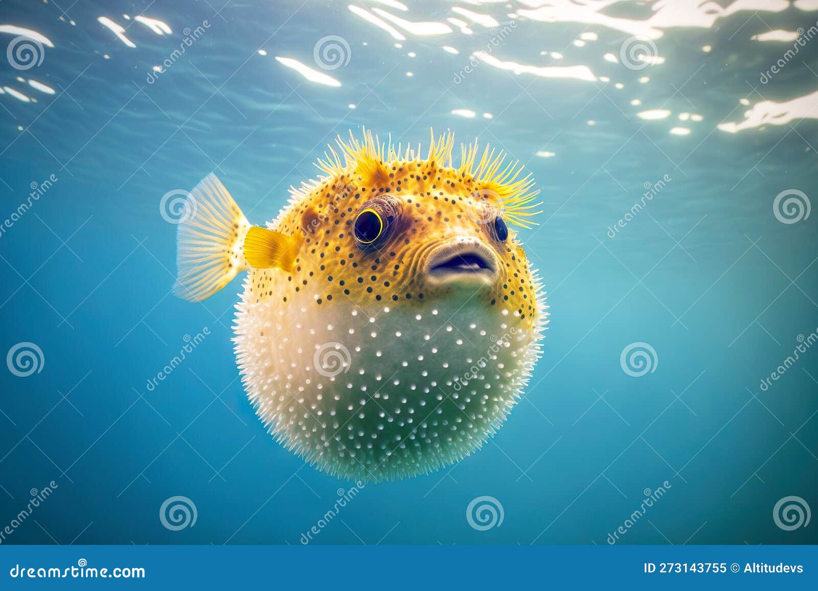 Balloonlike Puffer Fish with Sharp Spikes in Illuminated Water Stock