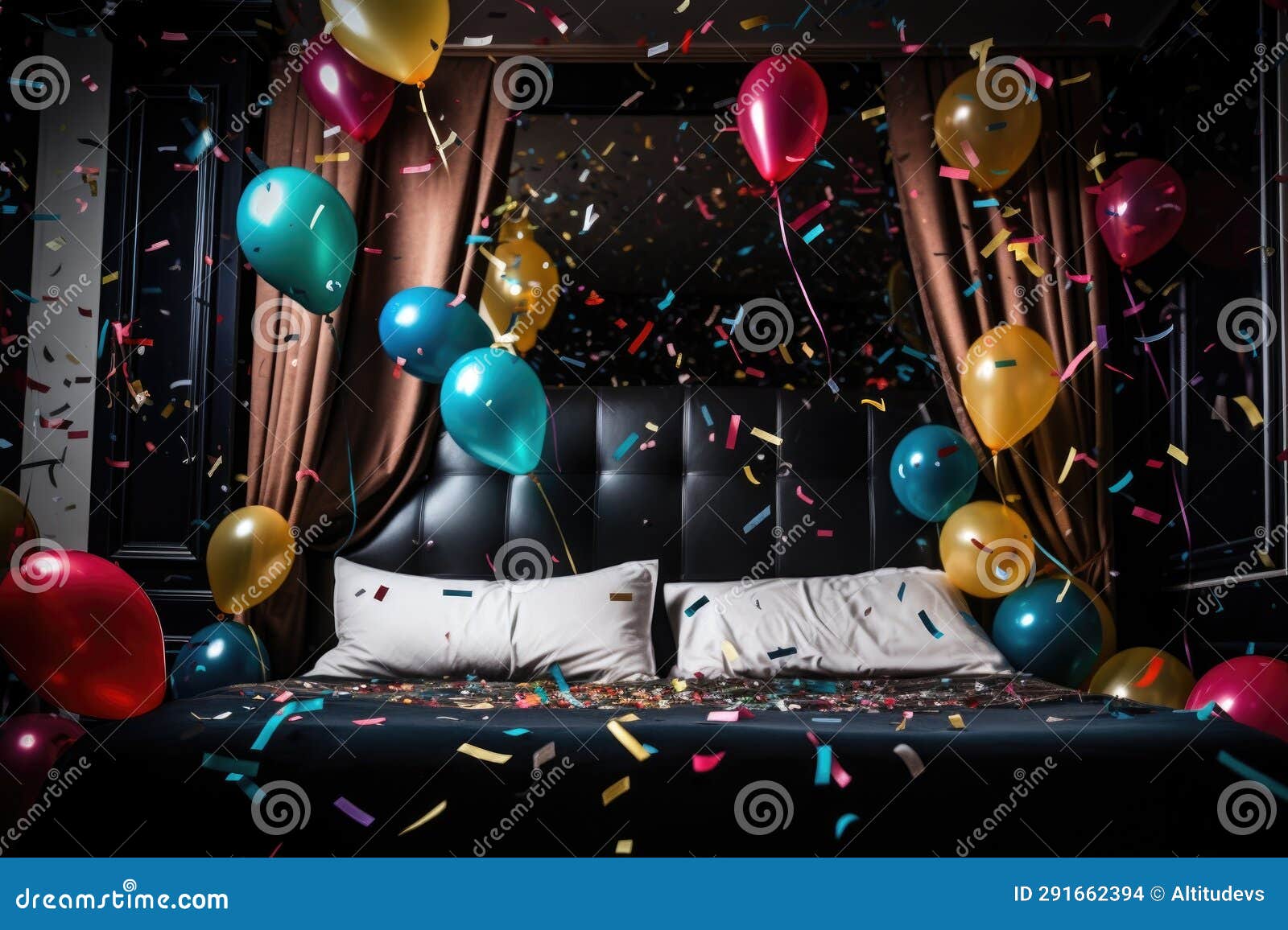 Balloons and Confetti on a Bed for a Hotel Celebration Stock Photo