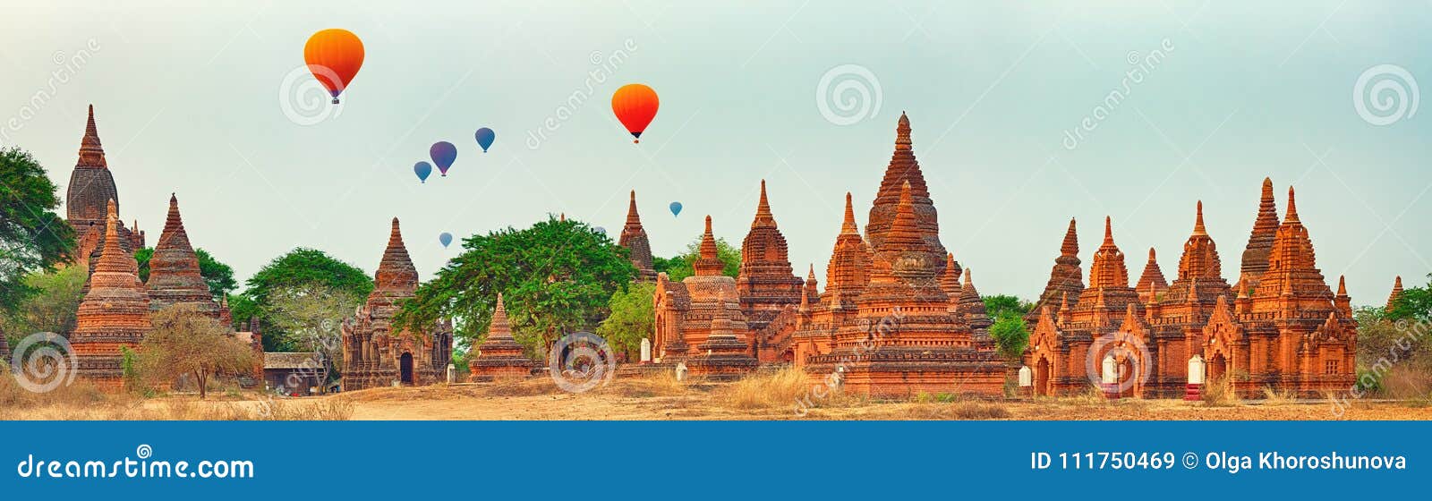balloons over temples in bagan. myanmar. panorama