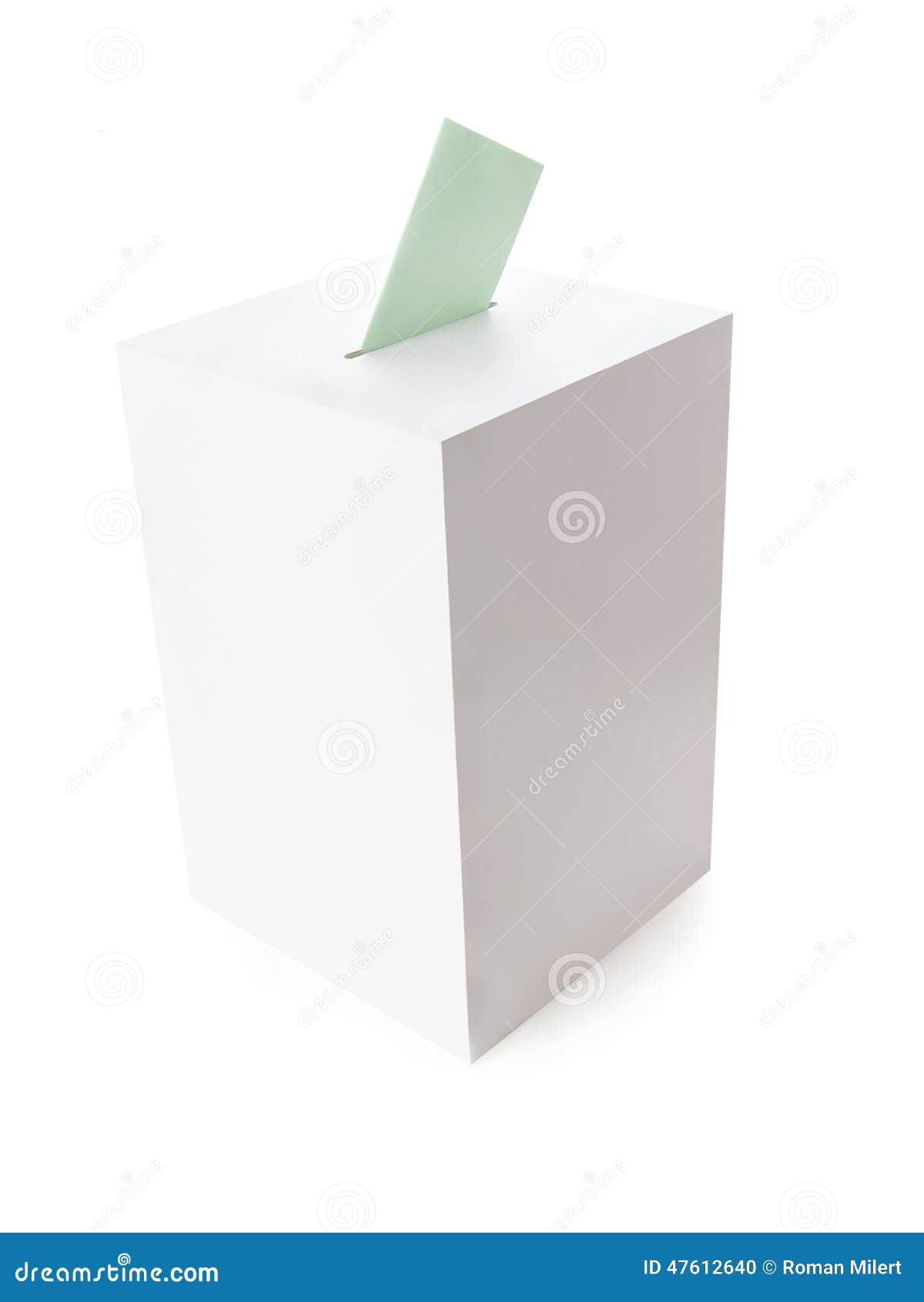 White ballot box with green voting card on white background