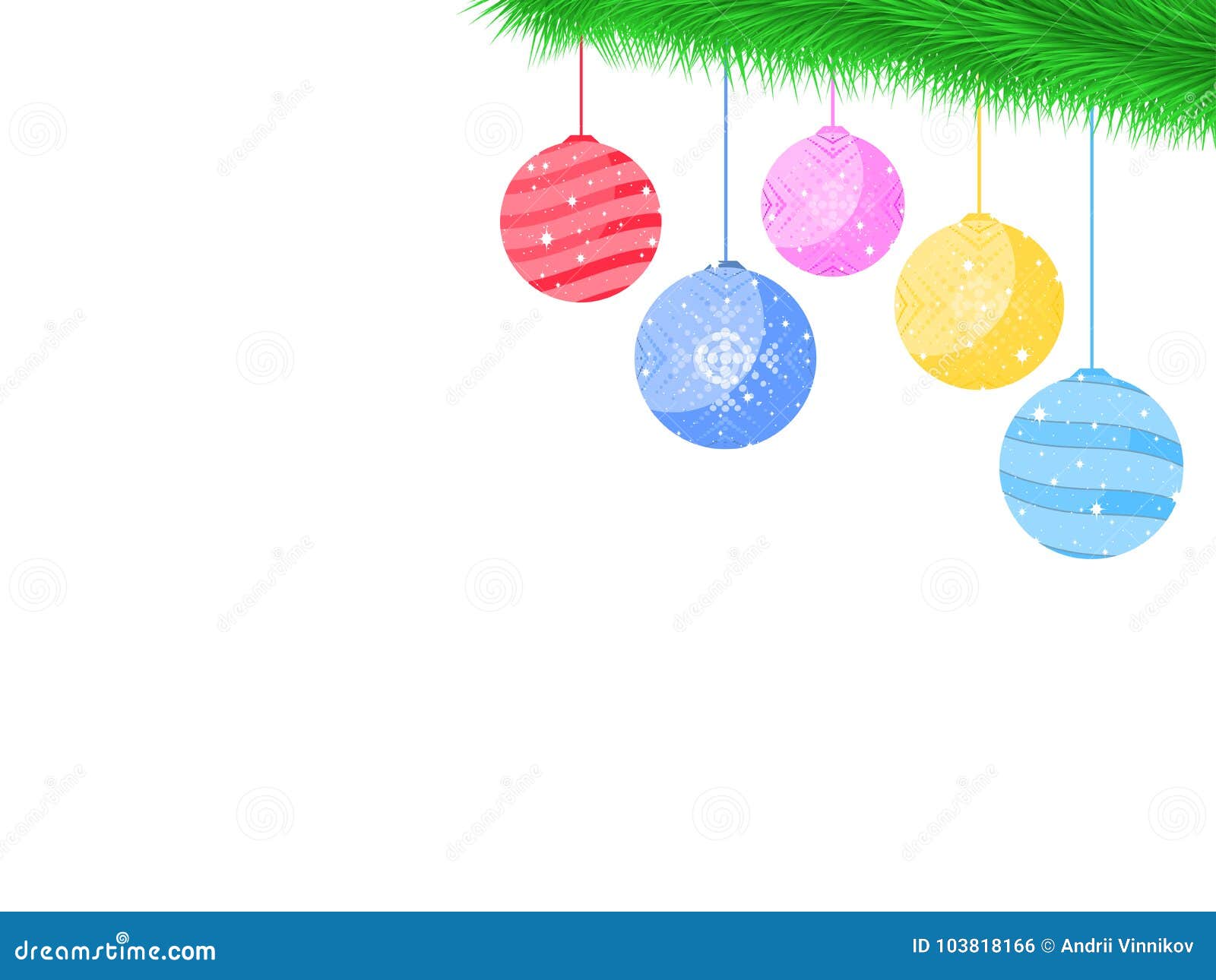 Balls on the Christmas tree branch Festive toys decorations Vector