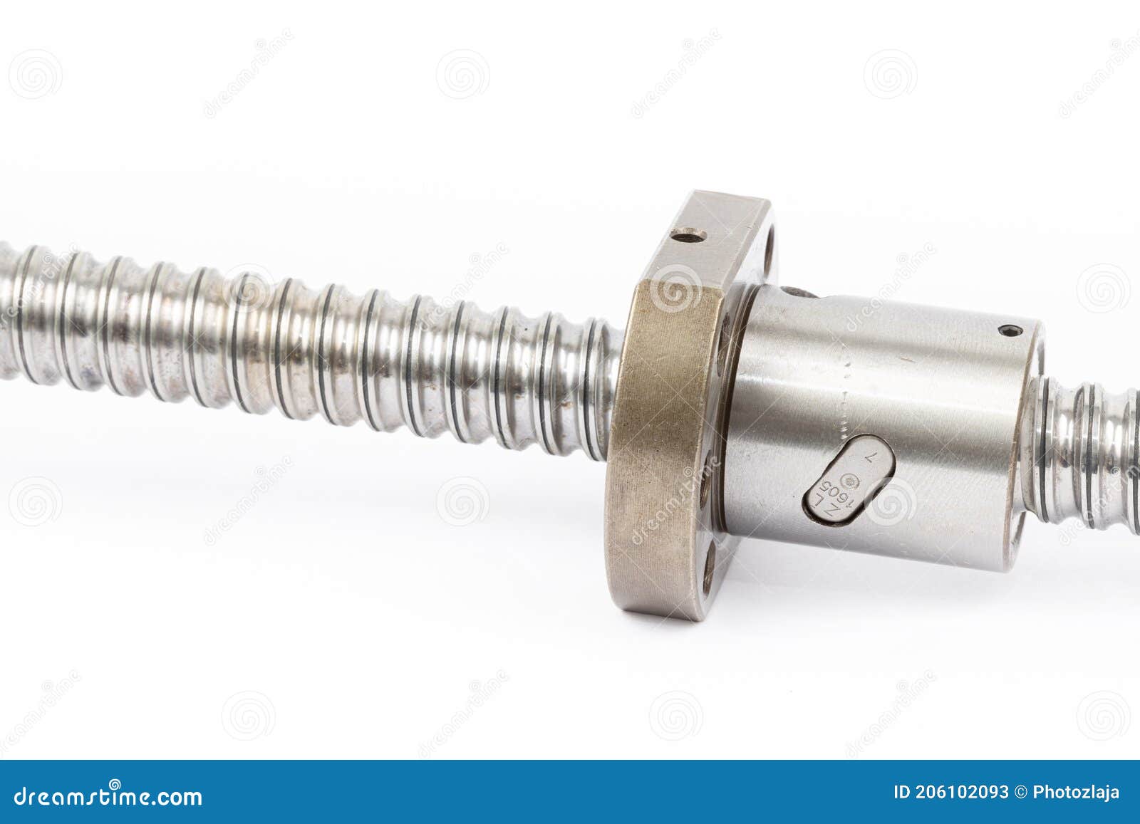 ballscrew for cnc machine with ballscrew nut  above white background