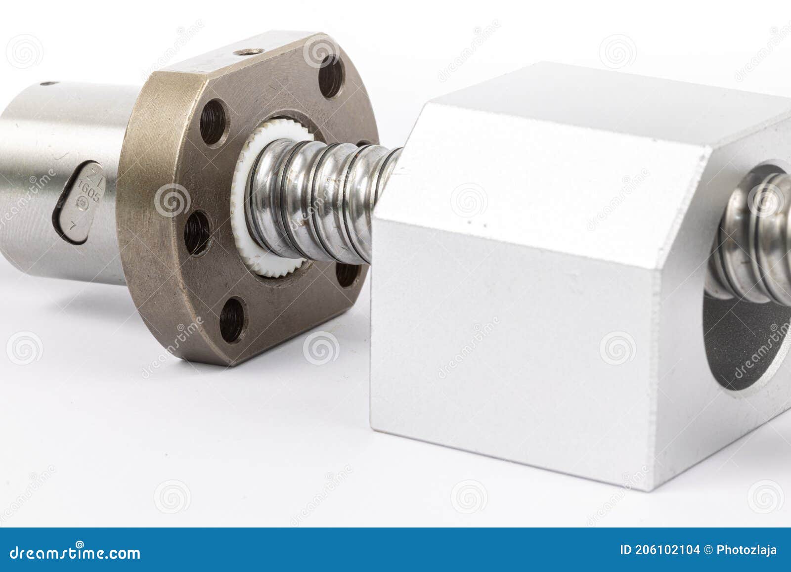 ballscrew for cnc machine with ballscrew nut  above white background