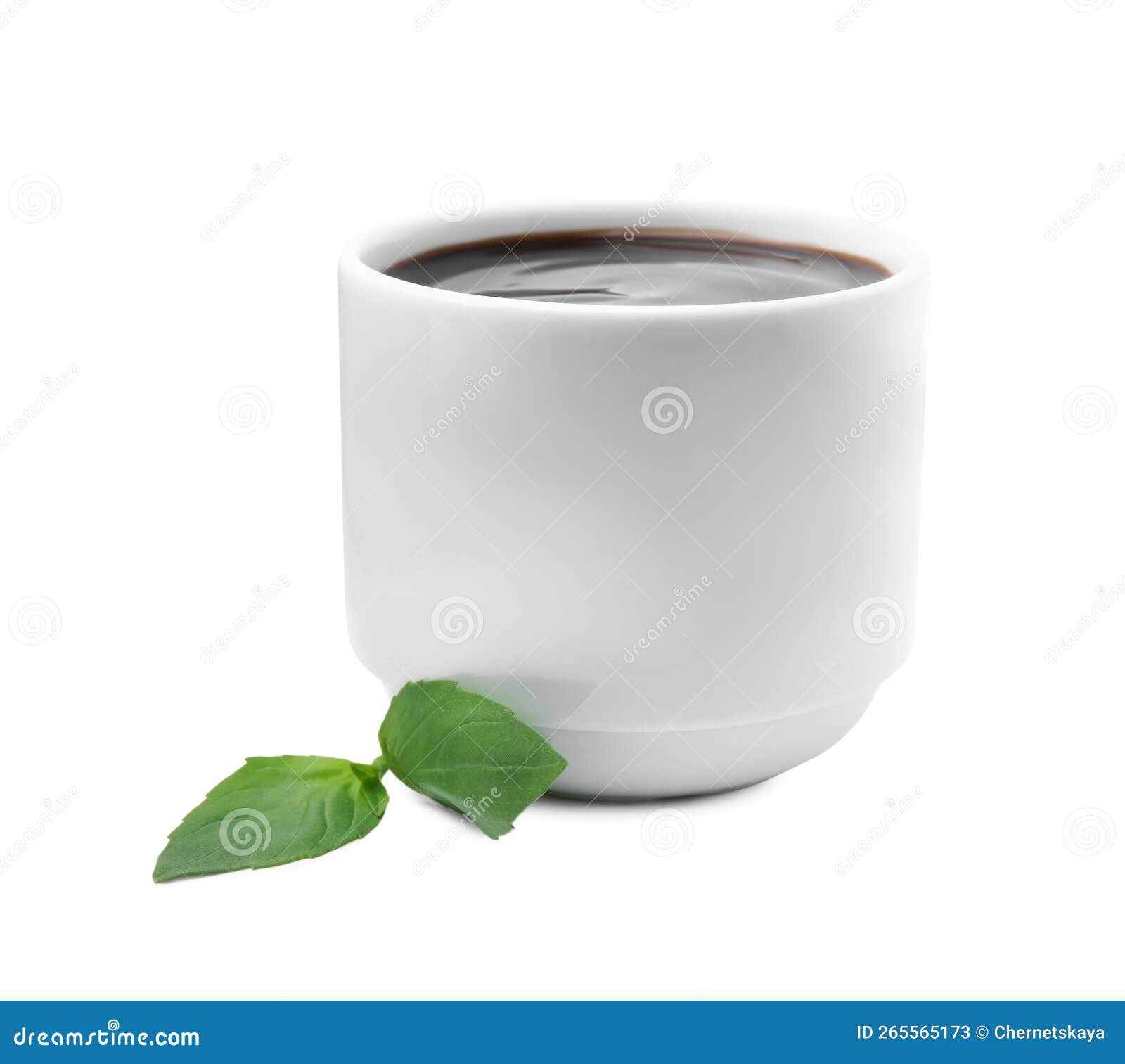 Balsamic Glaze and Basil Leaves on White Background Stock Image Image