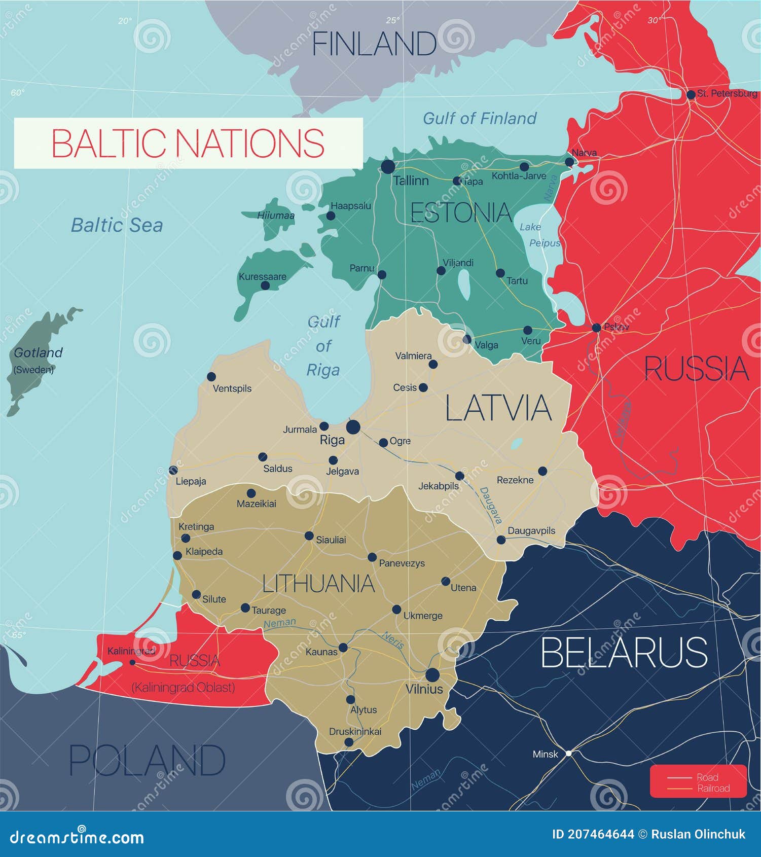 Baltic Nations Region Detailed Editable Map Cities Towns Roads Railways Vector Eps File 207464644 
