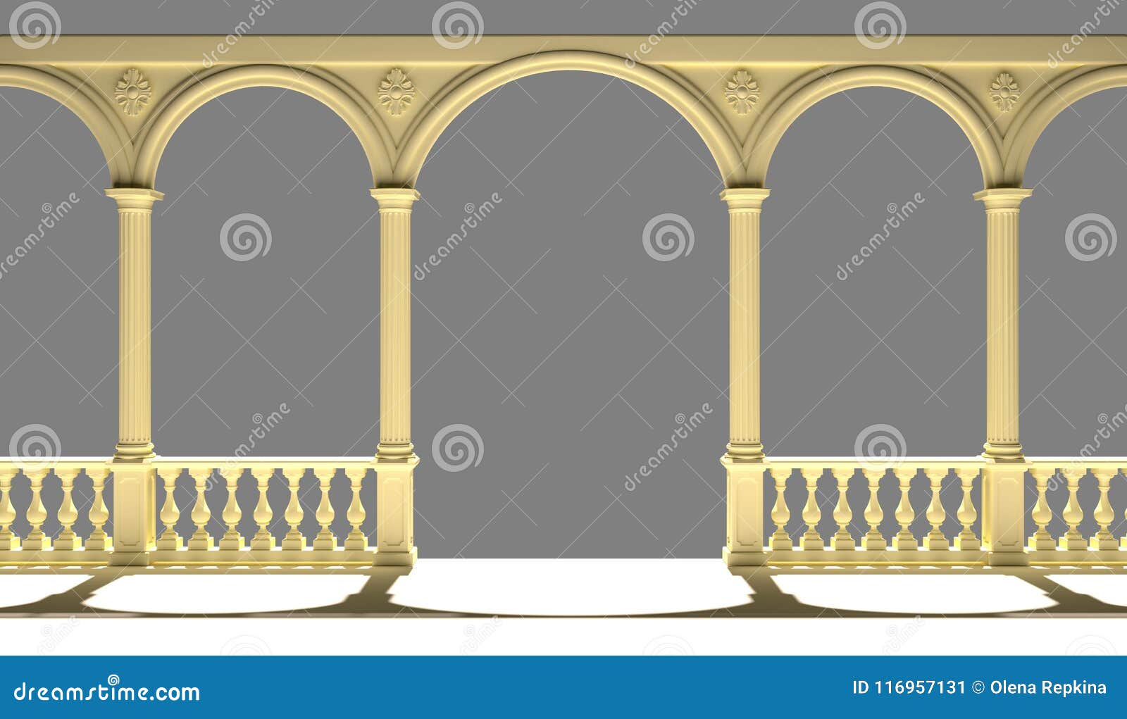 balustrade with columns, arches and stucco 3d rendering