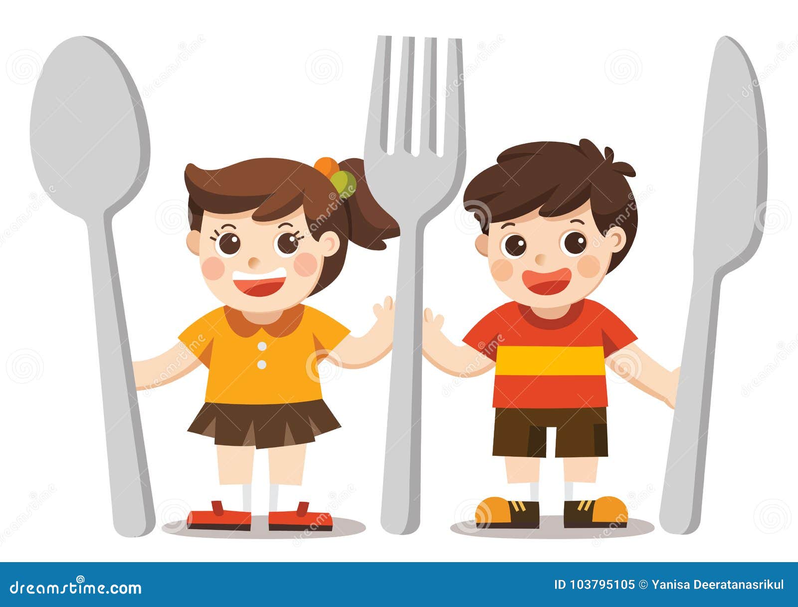 Bambini Con Il Coltello, Il Cucchiaio E La Forchetta Illustrazione  Vettoriale - Illustrazione di carino, squisito: 103795105