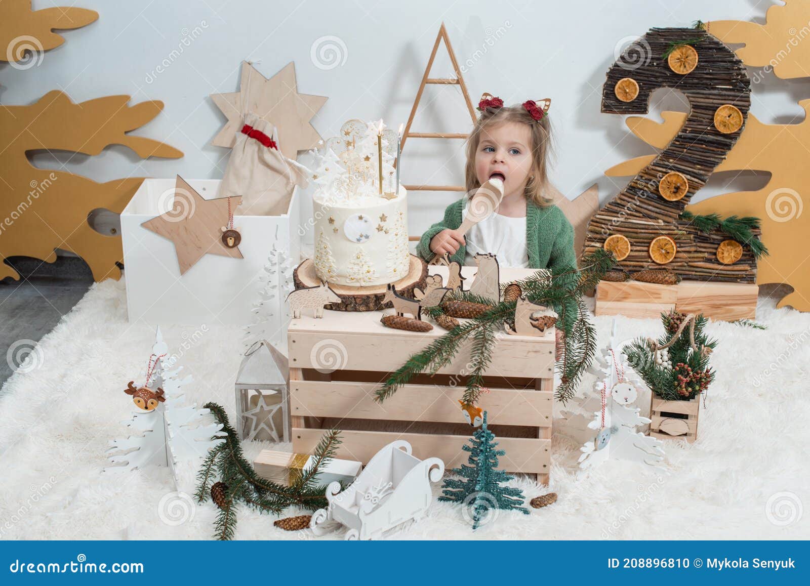 Bambini Decorazioni Per Il Compleanno Dell'inverno 2 Anni. Ragazza Carina  in Un Cardigan Verde Vicino a Una Torta Di Compleanno Bi Fotografia Stock -  Immagine di compleanno, domestico: 208896810