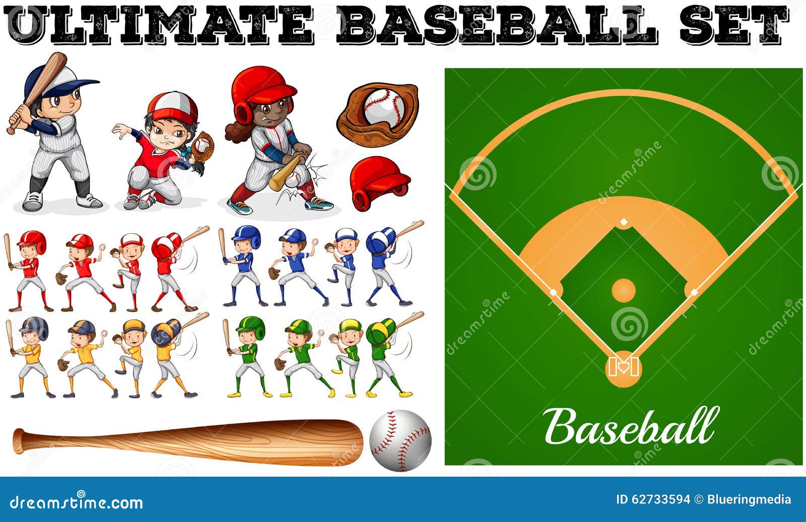 Bambini in Squadra Di Baseball E Nel Campo Illustrazione Vettoriale