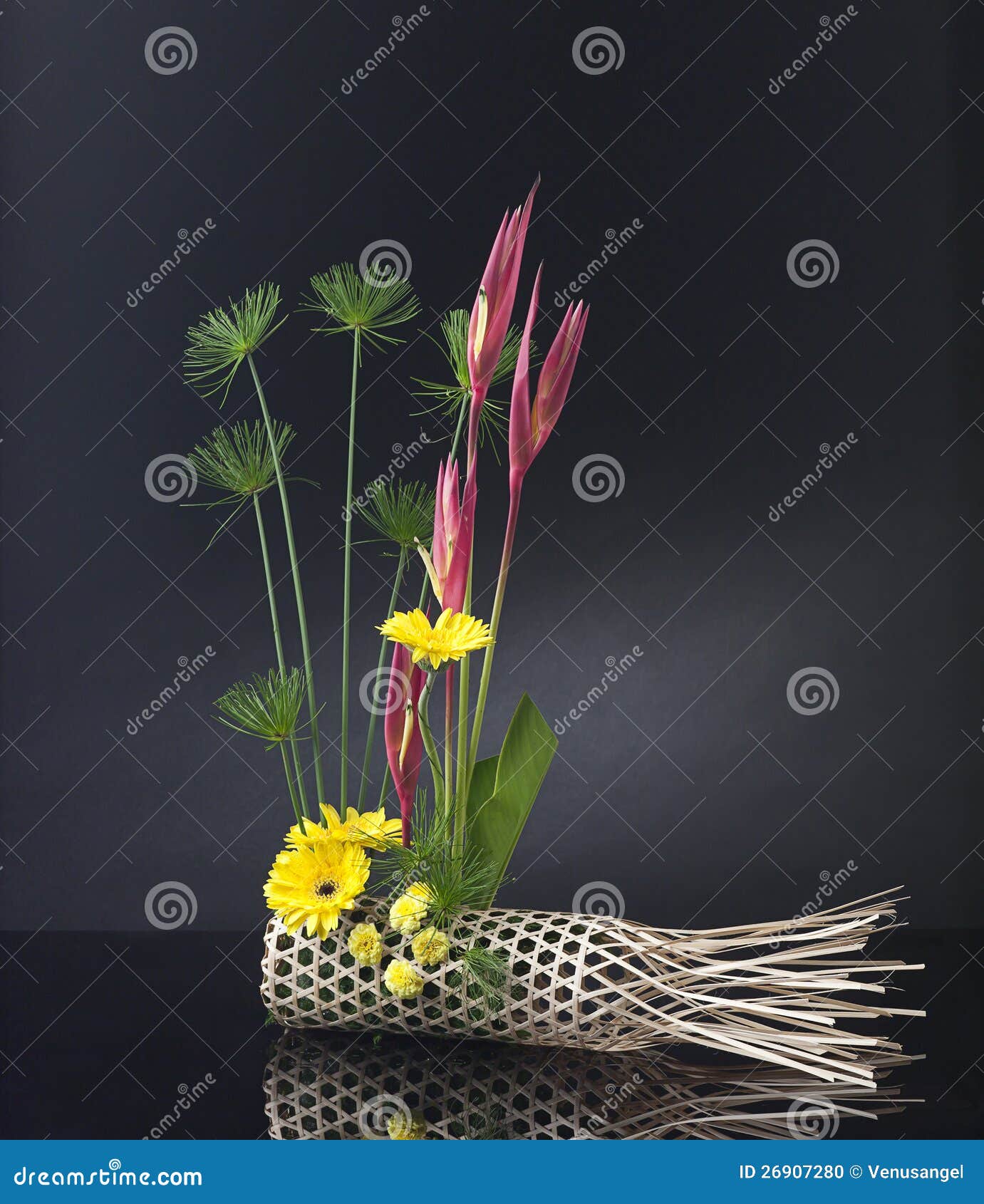 Bamboo Basket Decorated with Bouquet of Flowers Stock Photo Image of