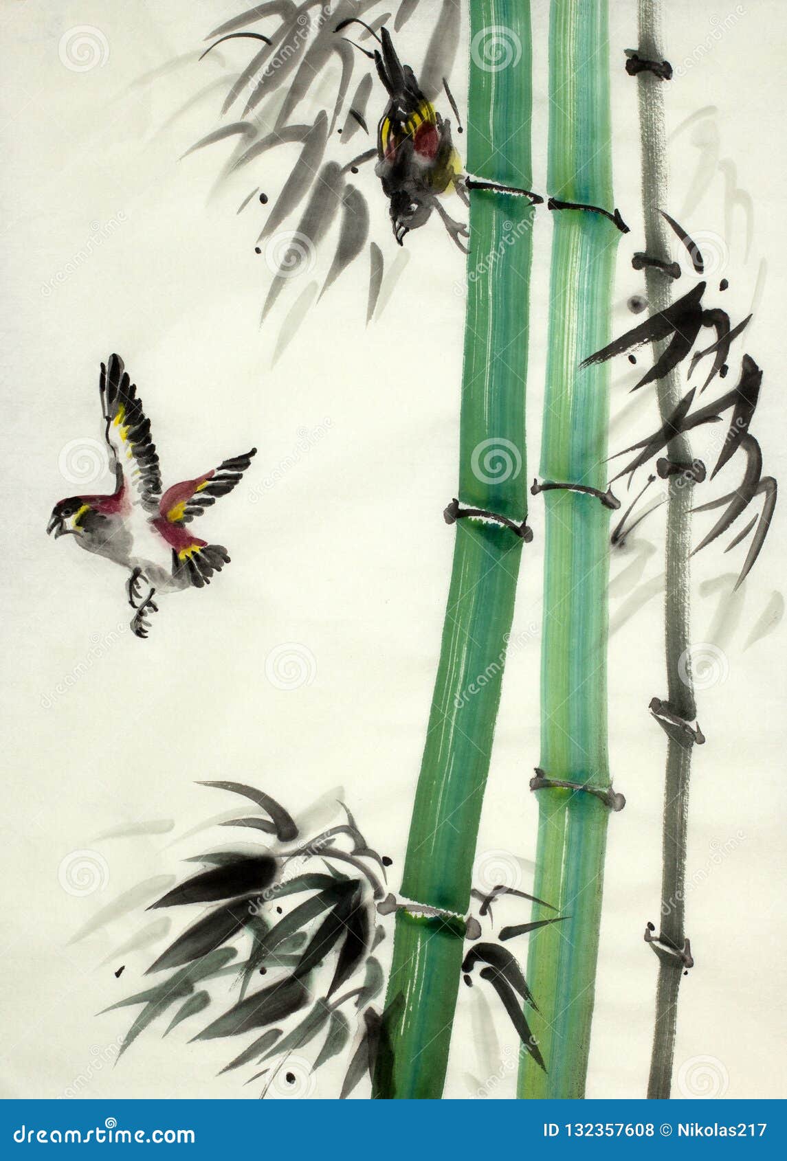 Bamboo and birds stock illustration. Illustration of paper 132357608