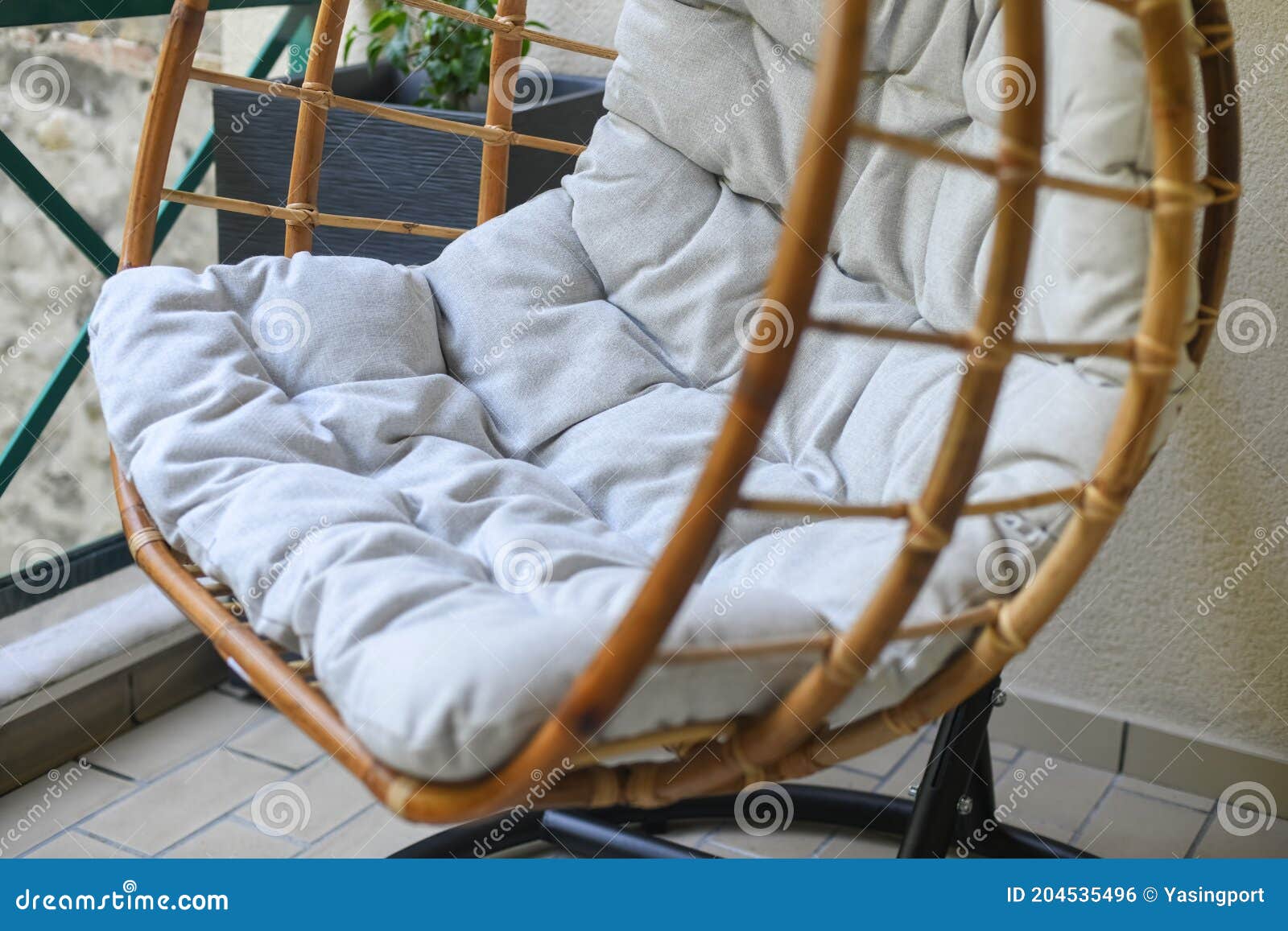 Bamboo Chair with Gray Cushion Hanging on the Balcony Stock Photo Image of green, color 204535496