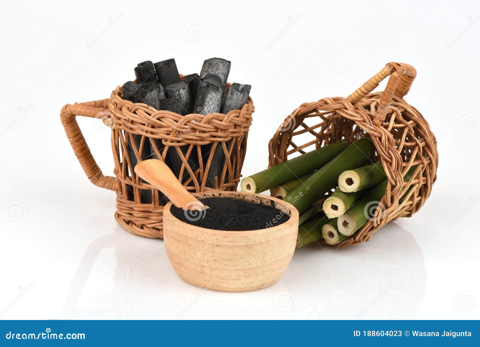 bamboo charcoal, fresh ,dried bamboo and powder on a white background.