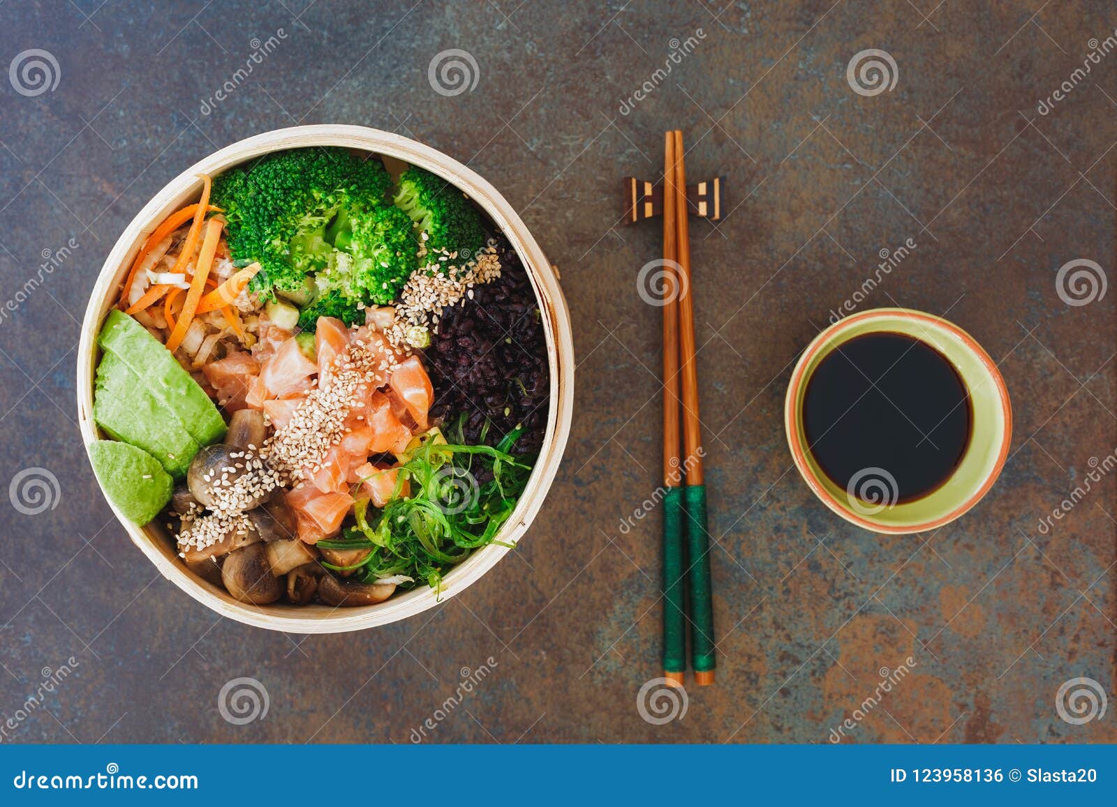 bamboo steamed salmon with veggies and soy sauce