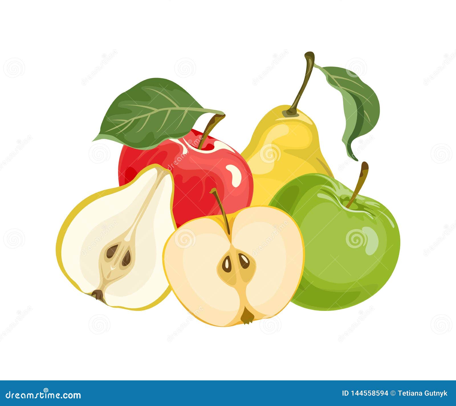 Apples and Pears Isolated on White Background. Fresh Vector Fruits