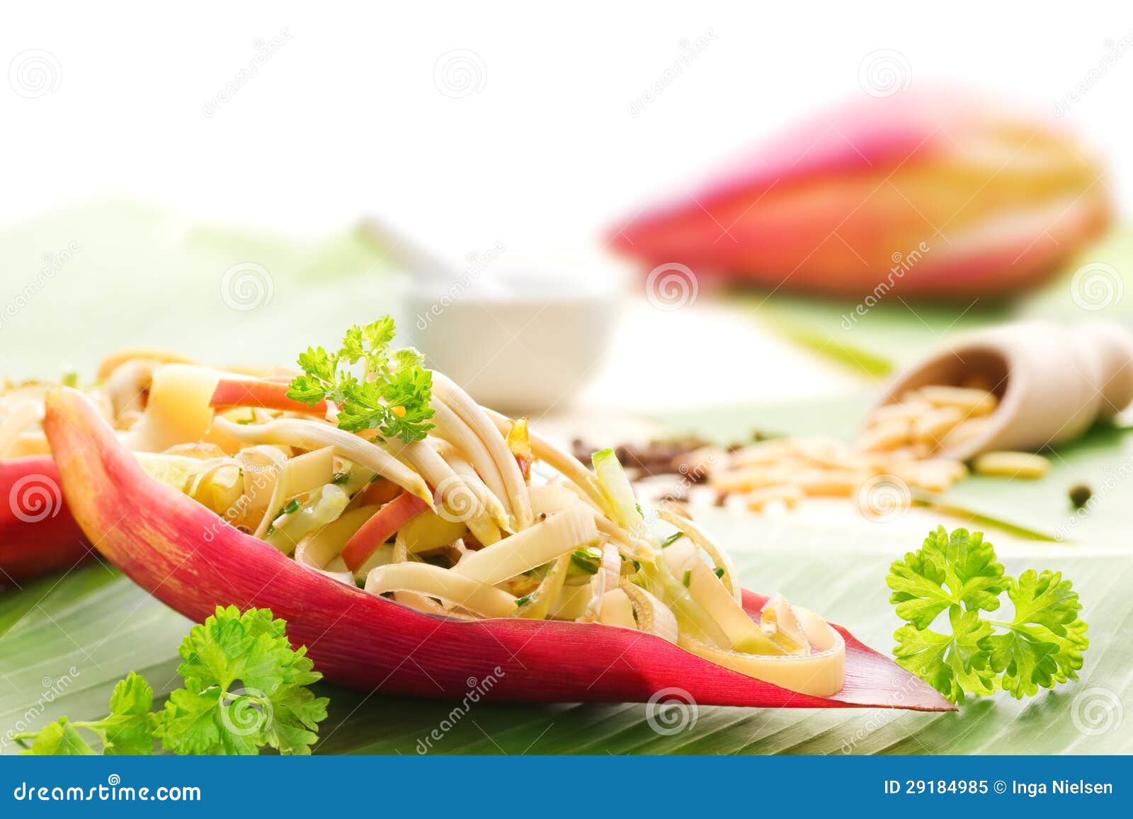 Banana blossom salad. Salad of banana blossoms served in banana blossom petals.