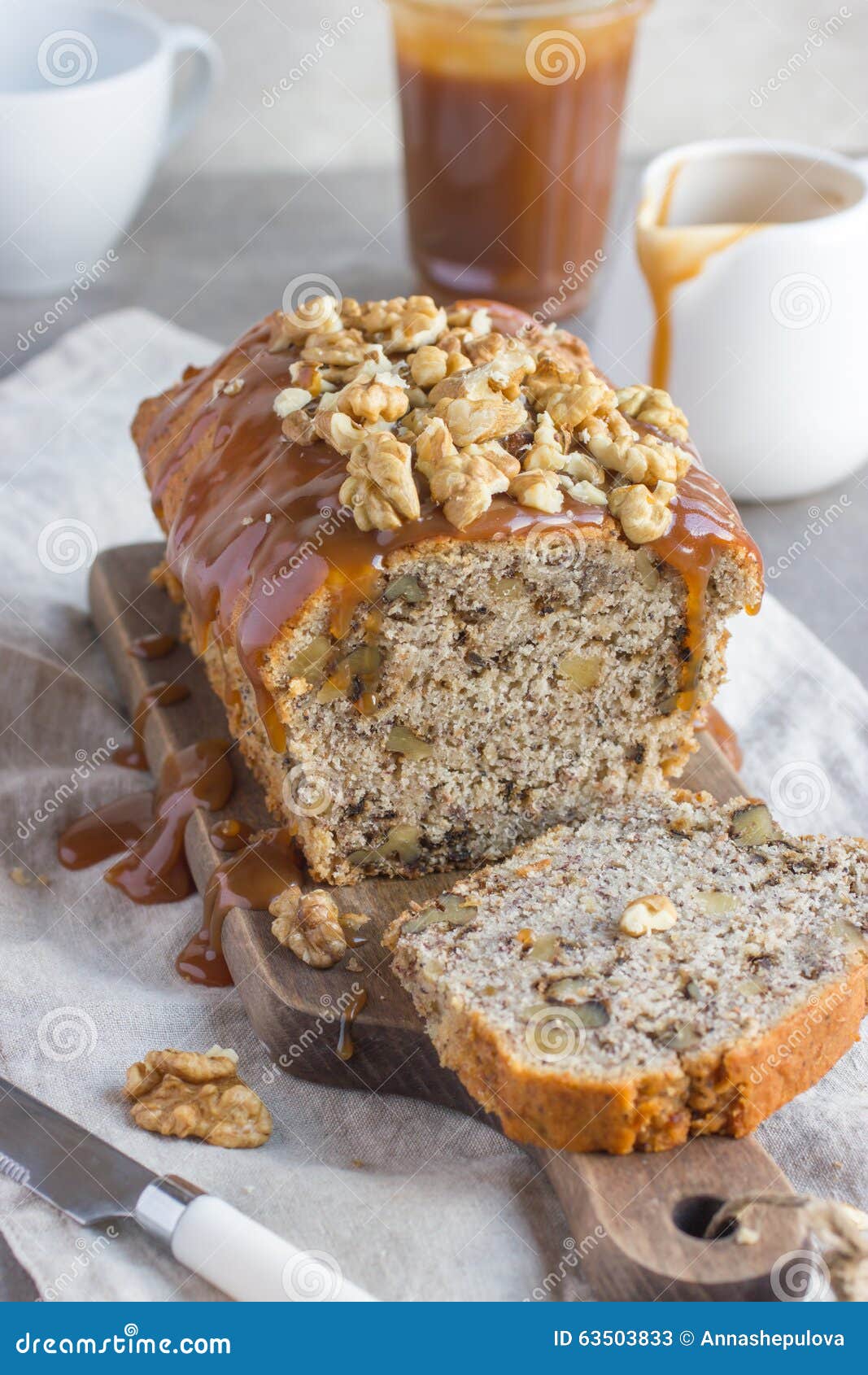 Banana Bread Cake with Walnuts and Salted Caramel Stock Image Image