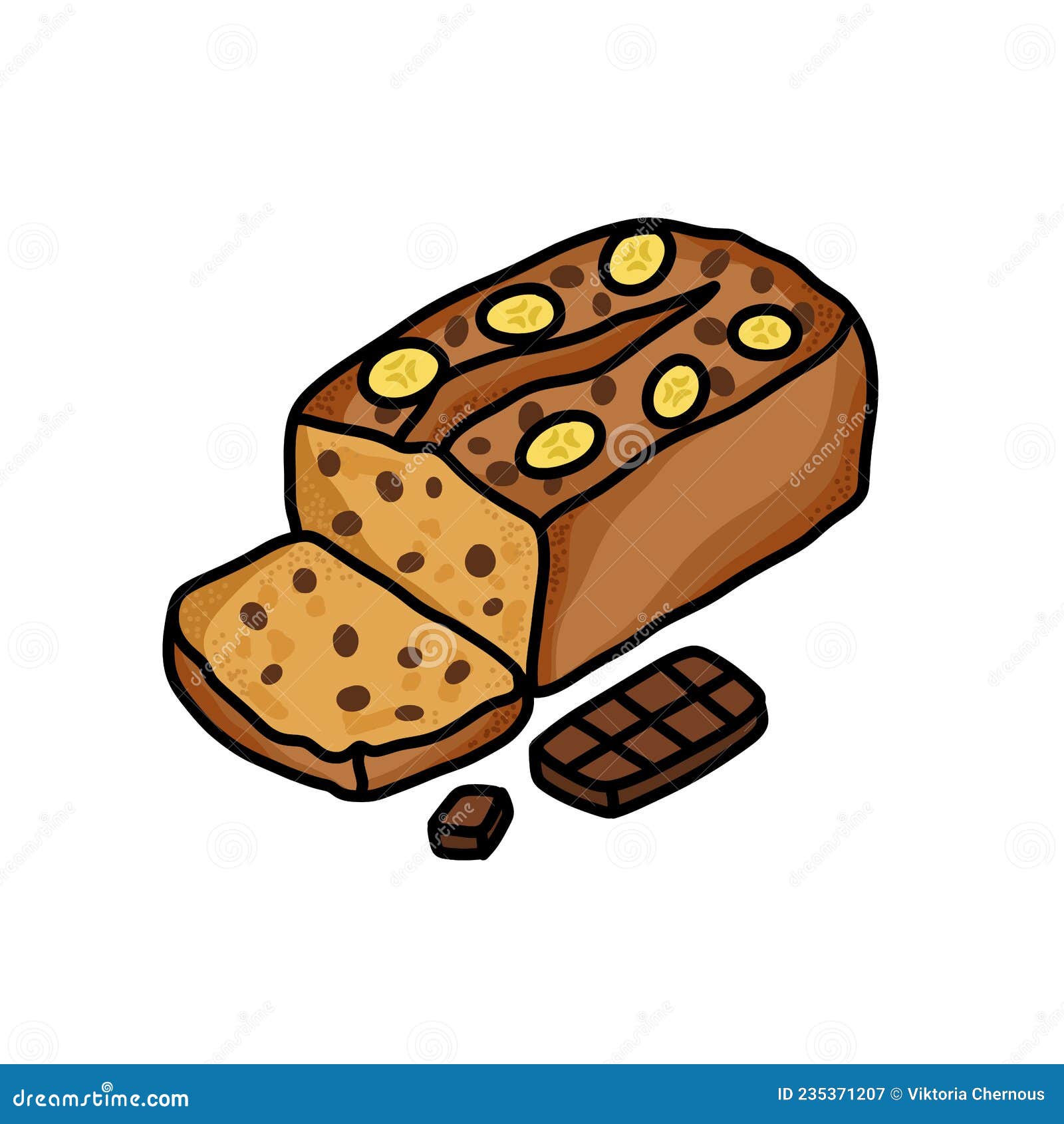 Banana Bread with Chocolate Doodle Icon, Vector Color Line Illustration