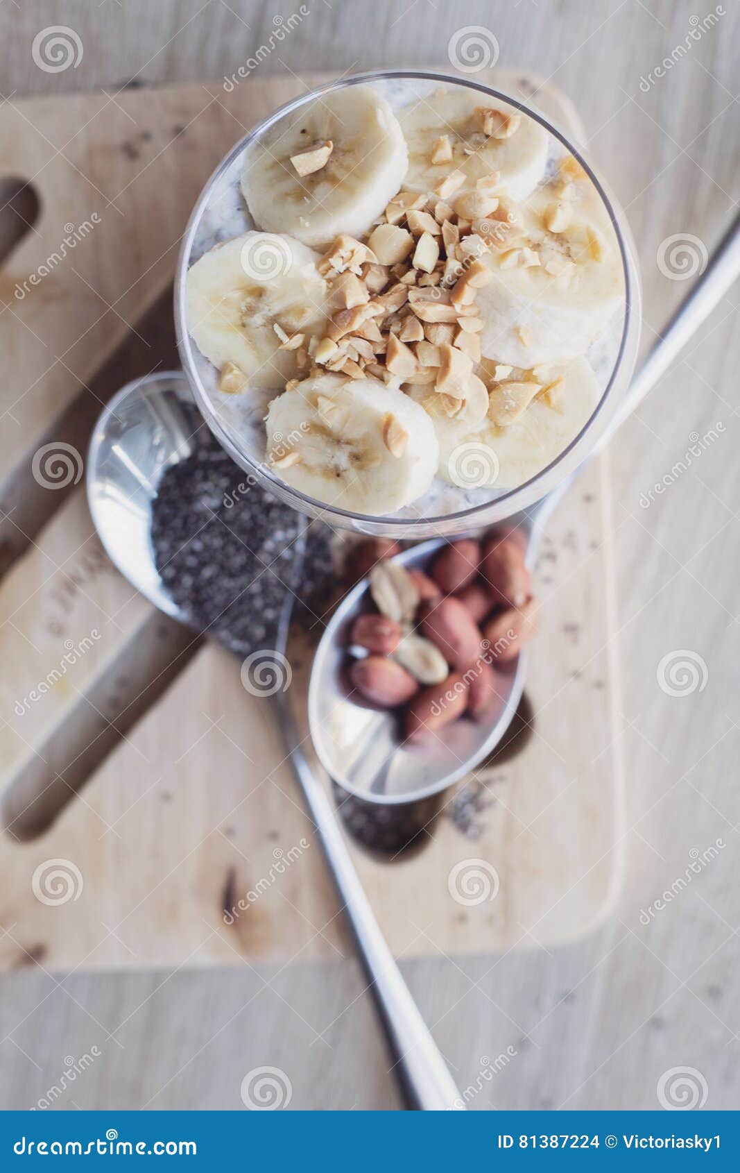 Banana chia yogurt pudding stock photo. Image of glass 81387224