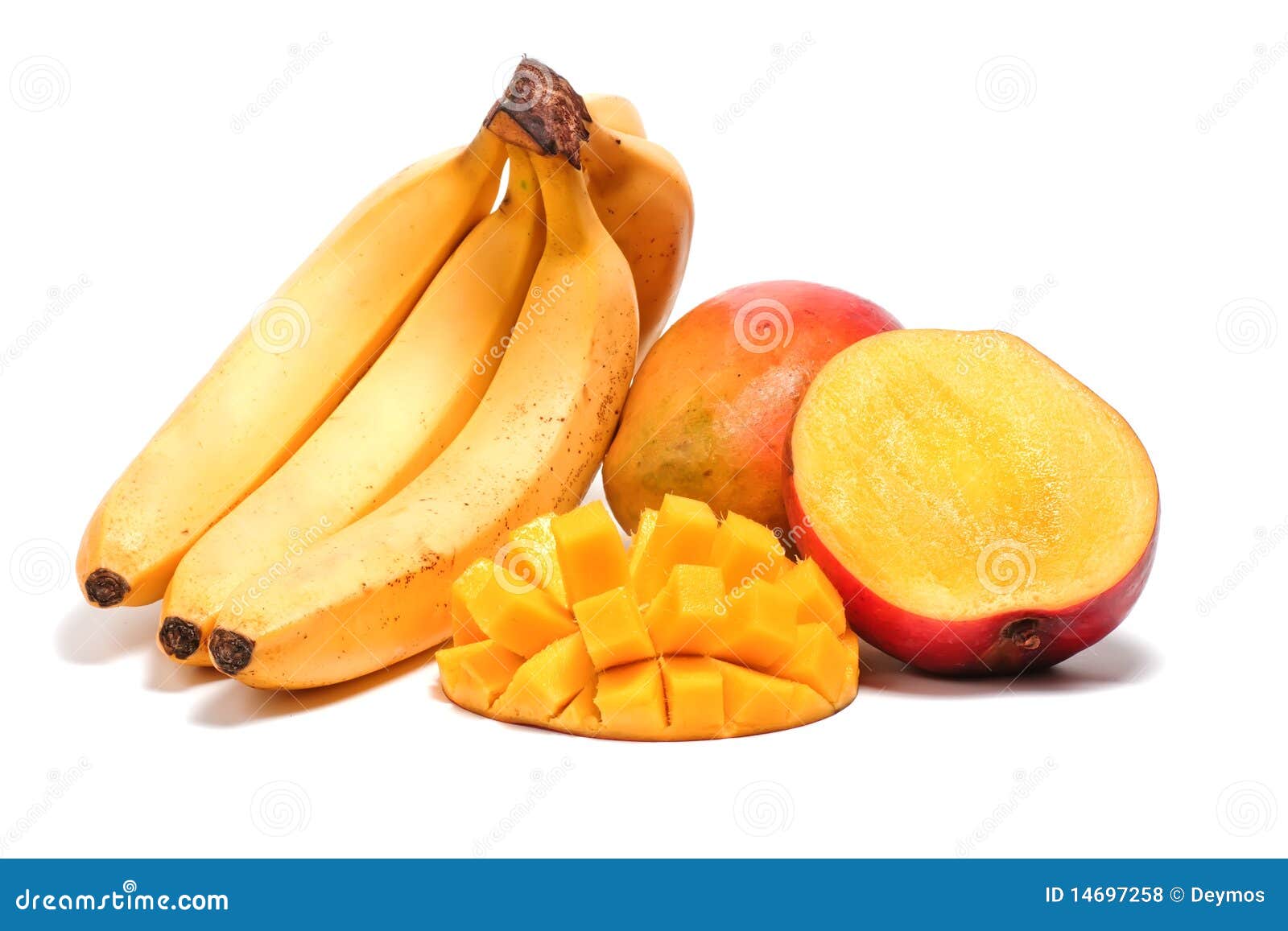 Banana E Manga Com Metade Cortada Foto de Stock Imagem de salada