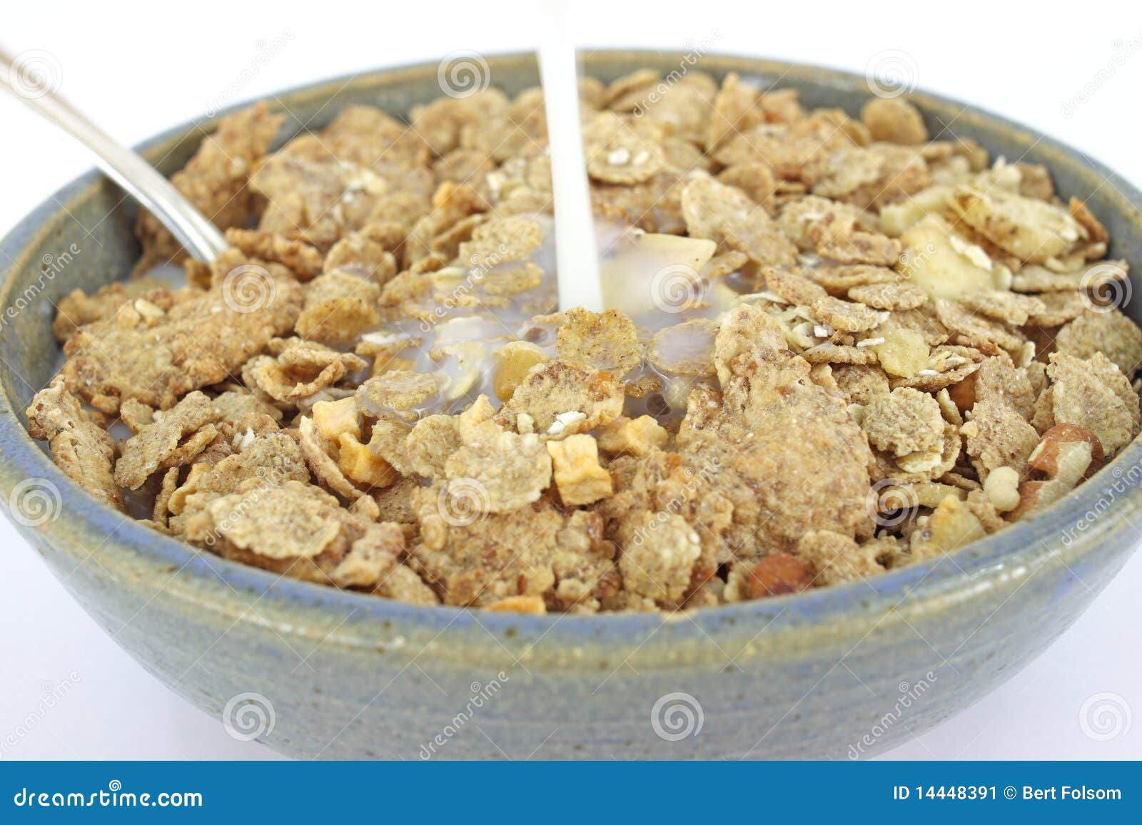 Banana and Nut Granola Cereal with Milk Pouring Stock Image Image of