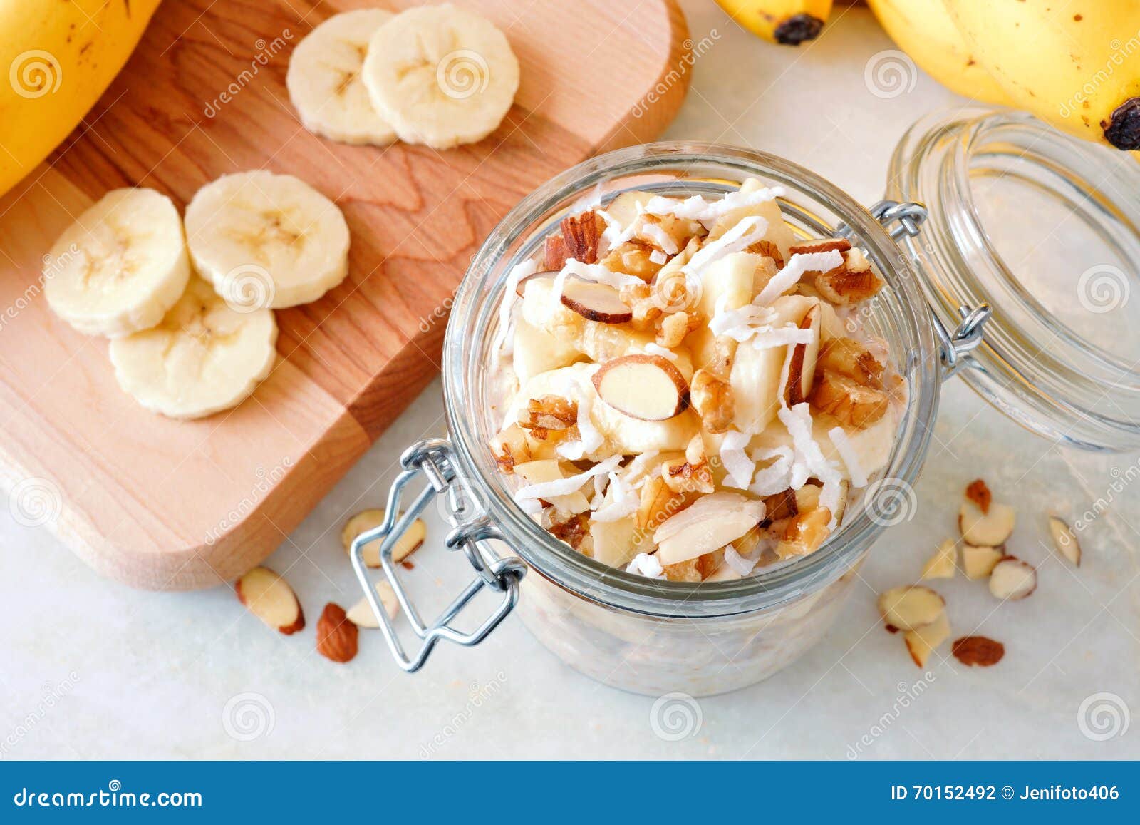 banana nut overnight oats in glass canning jar, downward view