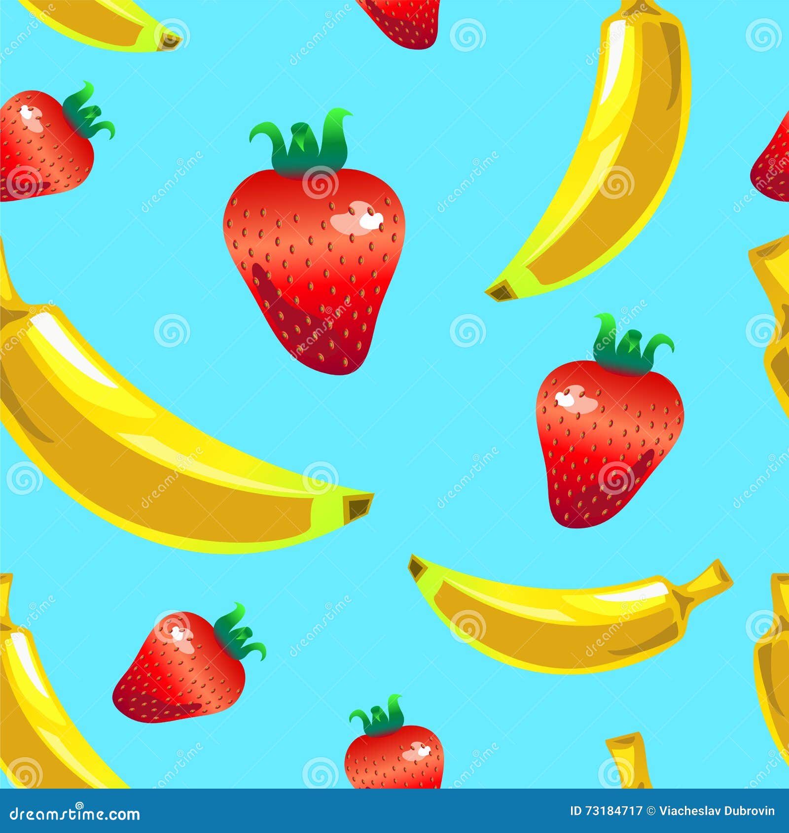 Banana Strawberry Seamless Vector Pattern On Blue Background Stock