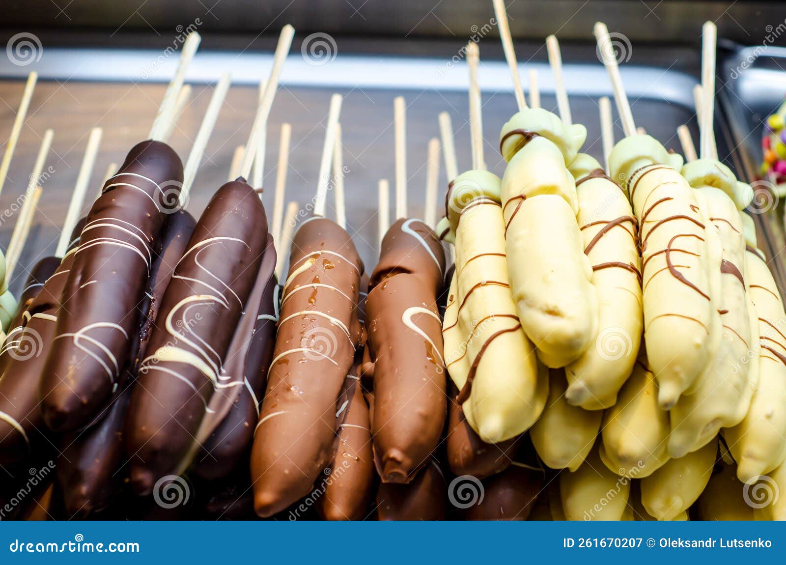 Bananas Covered in Chocolate for Sale at the Fair Stock Image Image
