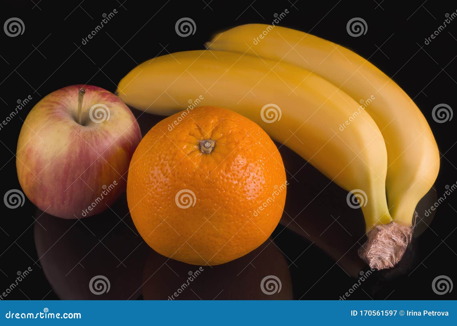 Bananas Orange And Apple On A Black Background Stock Image Image Of