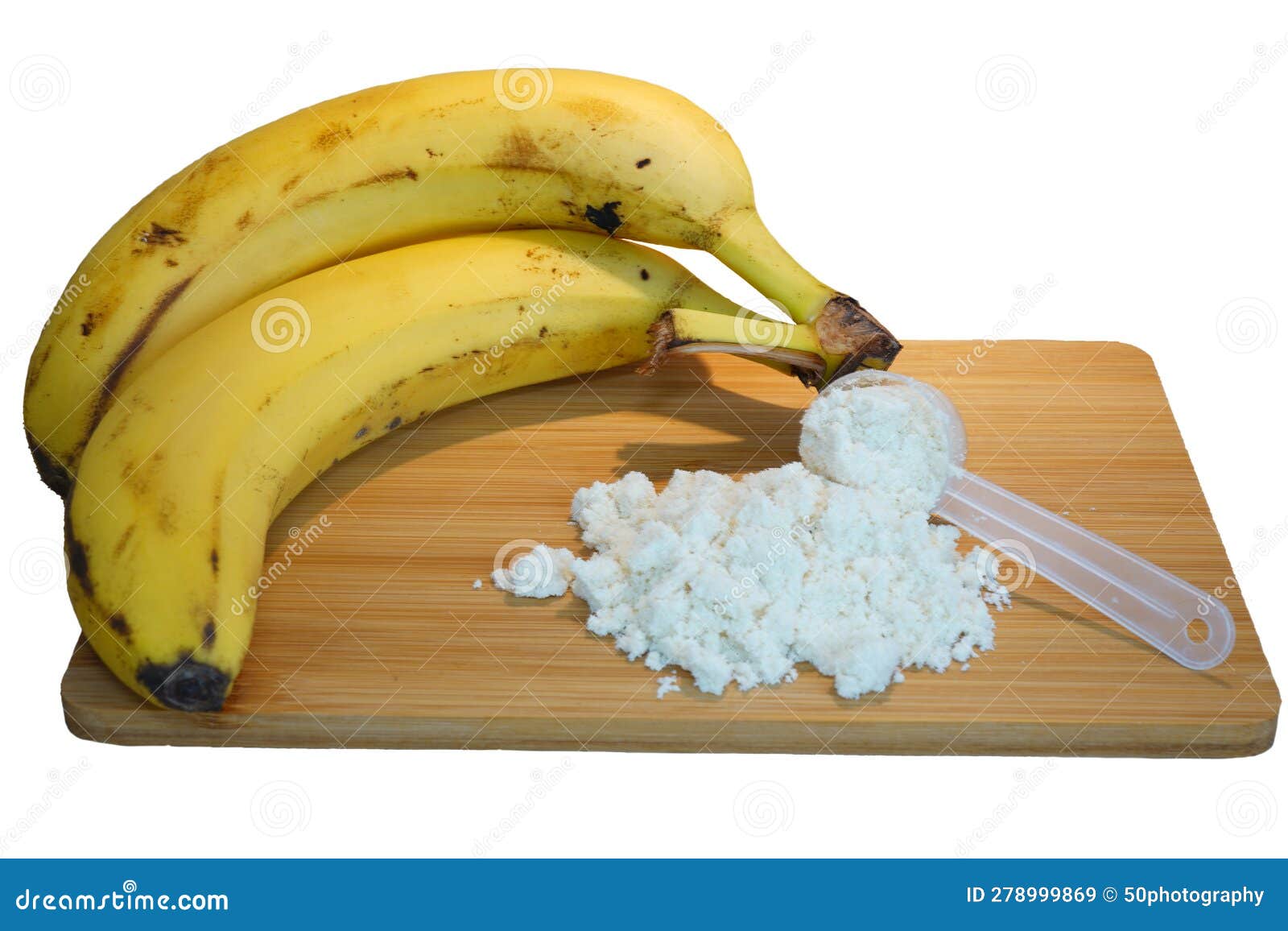 bananas and whey protein powder on a wooden board