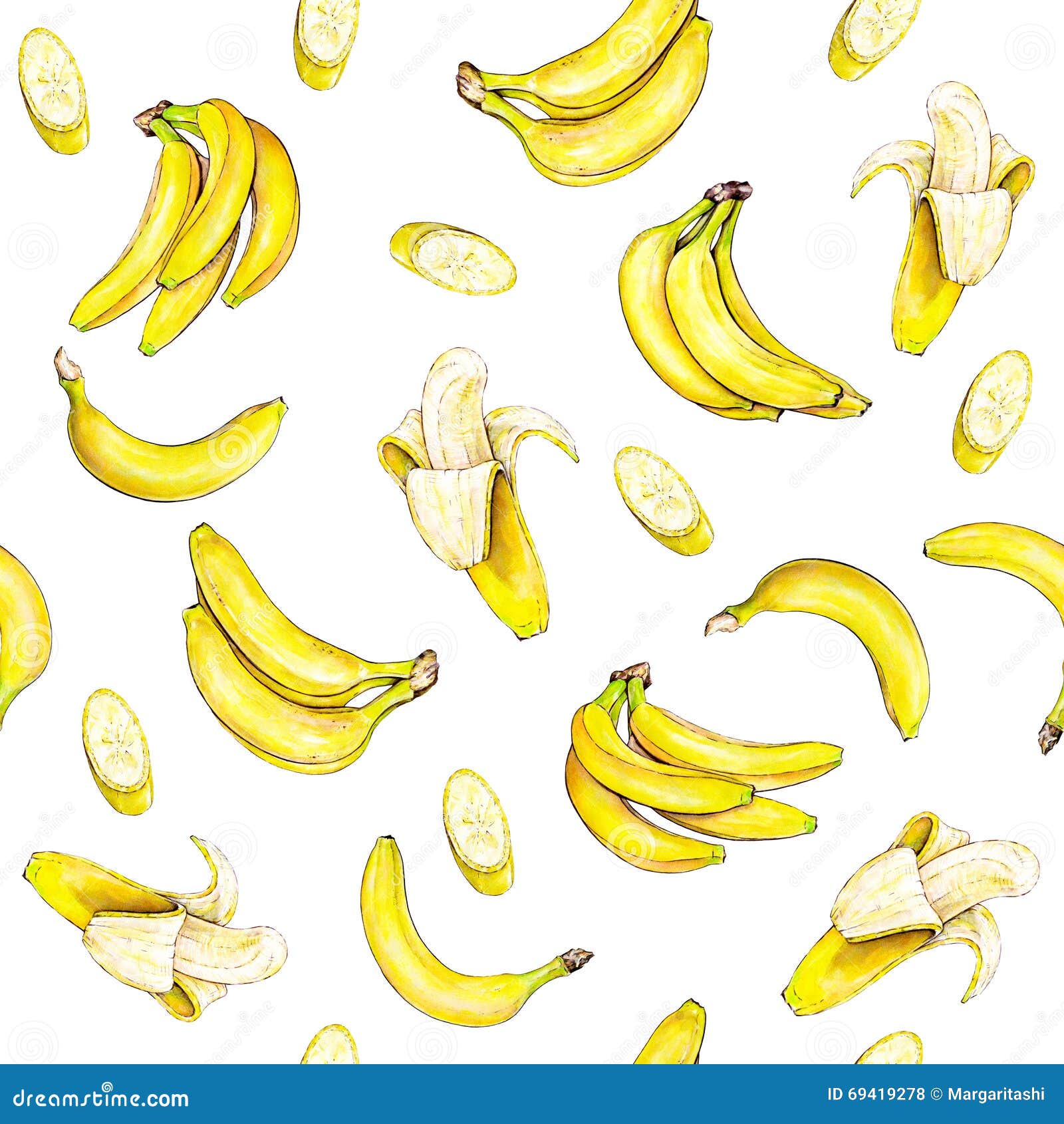 Bananas On White Background. Seamless Pattern. Watercolor Illustration. Tropical Fruit. Handwork ...