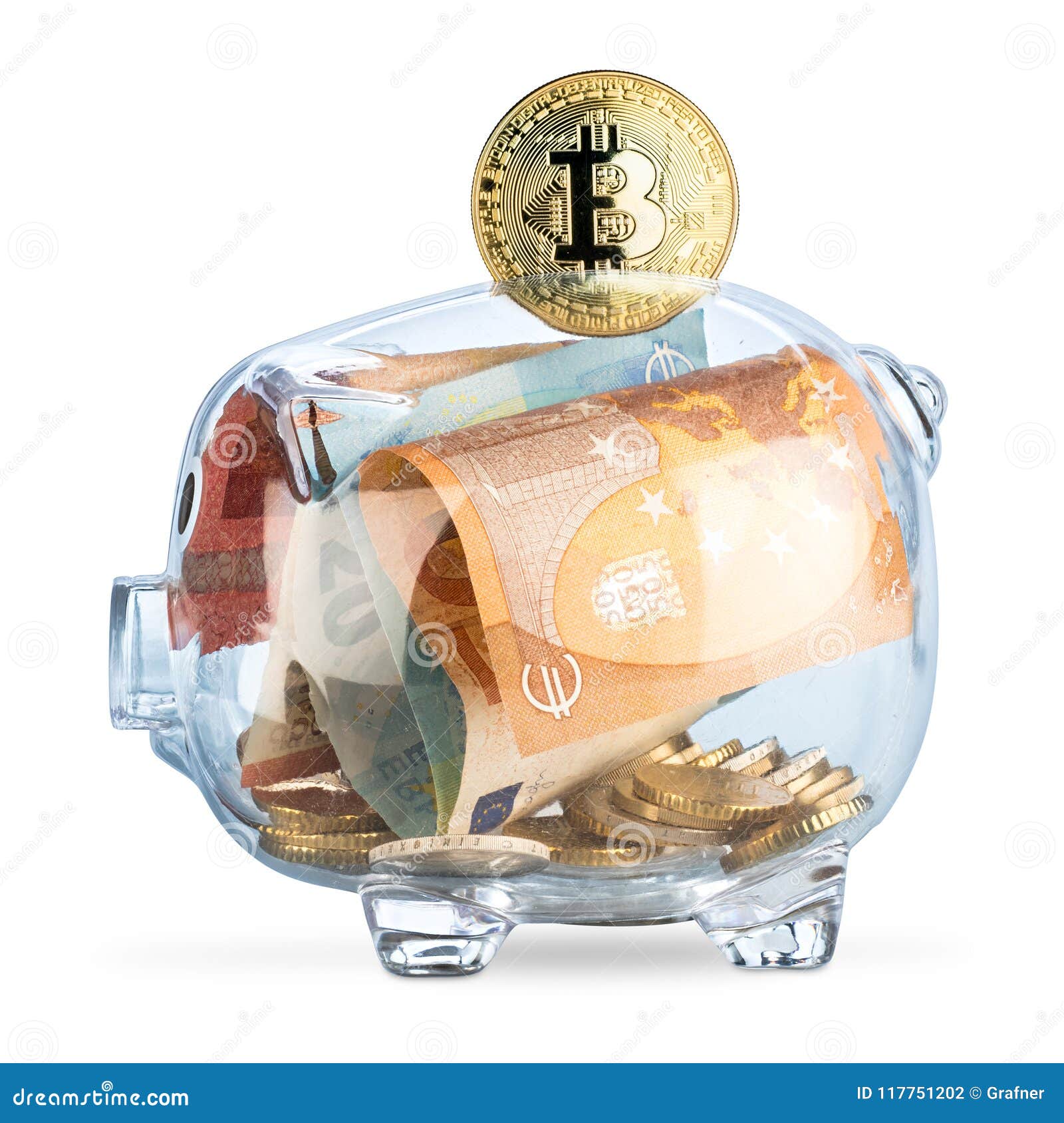 Banca Di Monete Del Porcellino Salvadanaio Trasparente Cripto Di Valuta Di  Bitcoin Euro N Fotografia Stock - Immagine di europa, isolato: 117751202