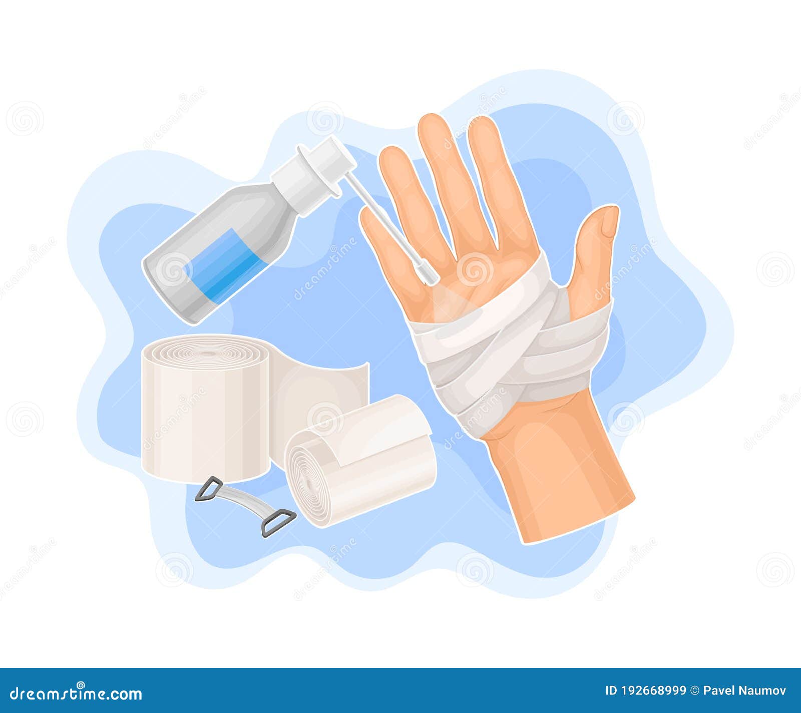 Bandaged Hand and Roll of Medical Bandage for First Aid Treatment ...