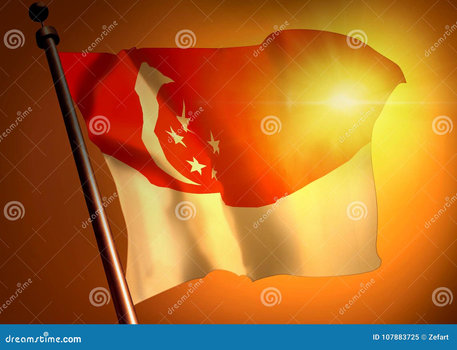 Vencedor que acena a bandeira de Singapura contra o por do sol