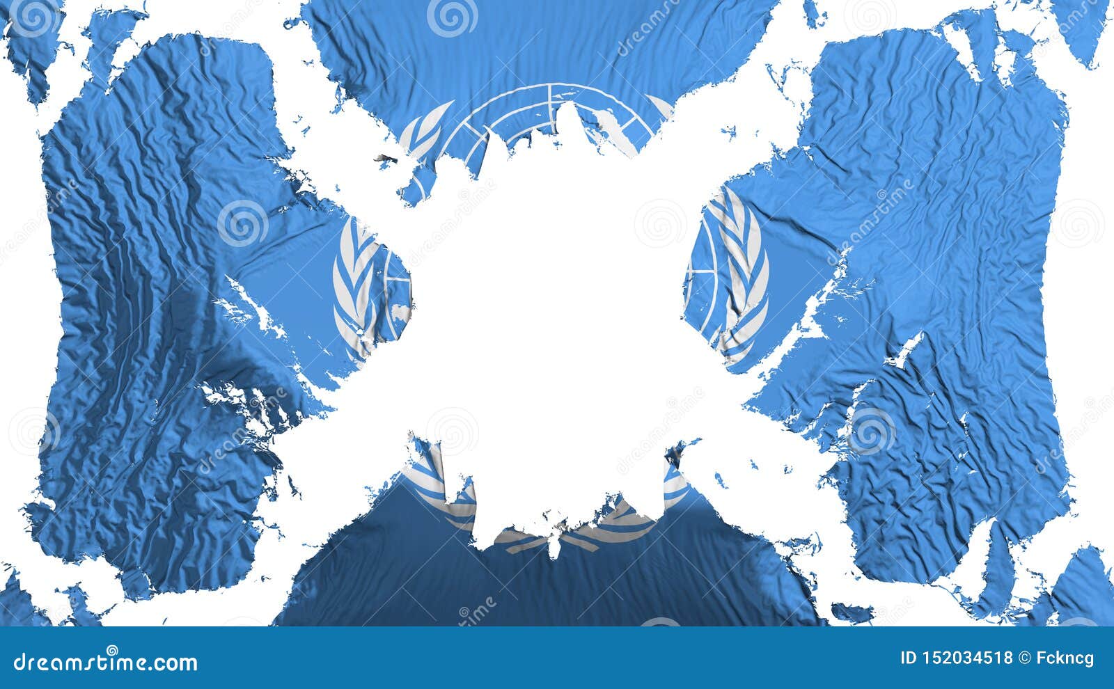 Bandeira rasgada United Nations que vibra no vento, sobre o fundo branco, rendição 3d