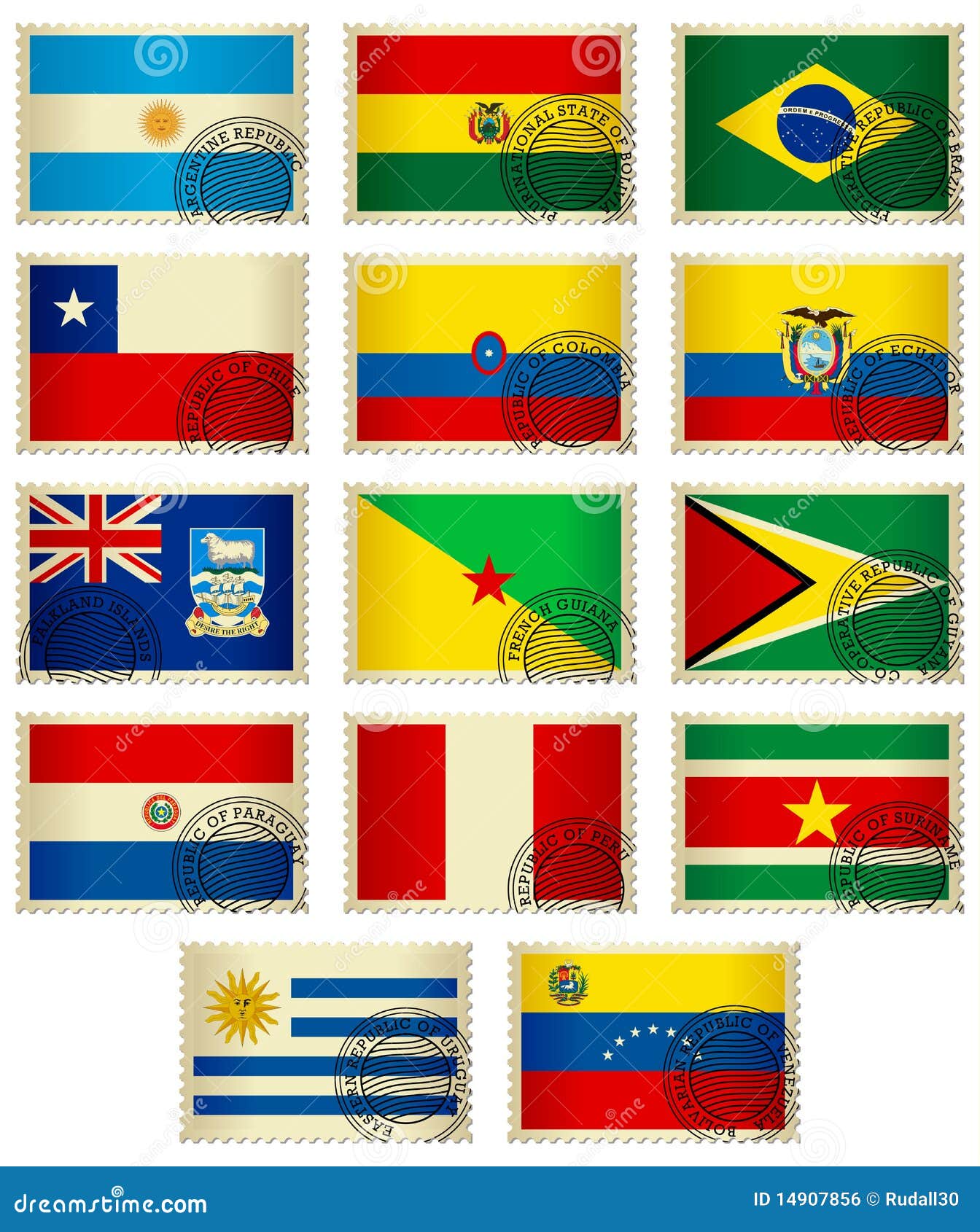 Bandeira Stamps_South América. Ilustração de selos da bandeira de países de Ámérica do Sul