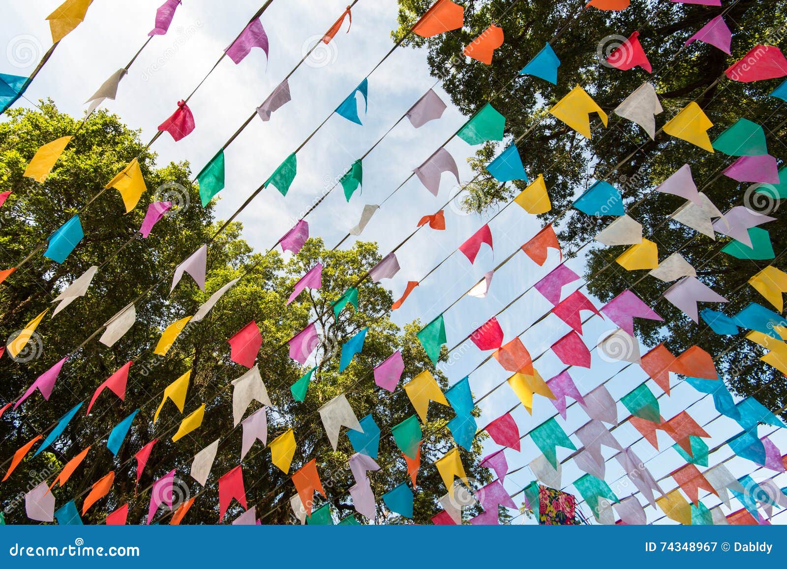 Bandeiras coloridas do partido. Bandeiras coloridas Bunting sob árvores